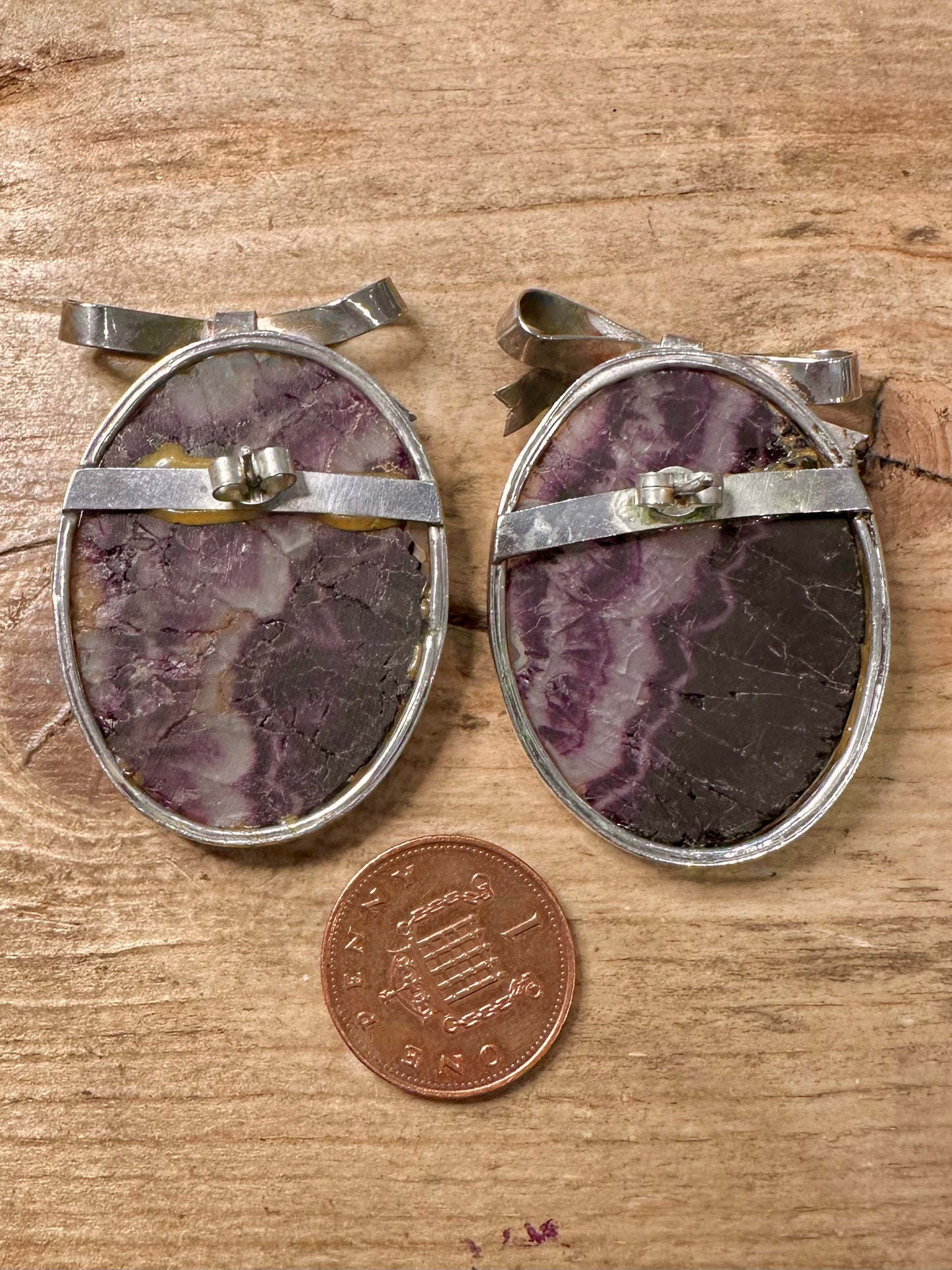 Vintage 1988 Fluorite/Blue John Oval Bow 925 Silver Earrings