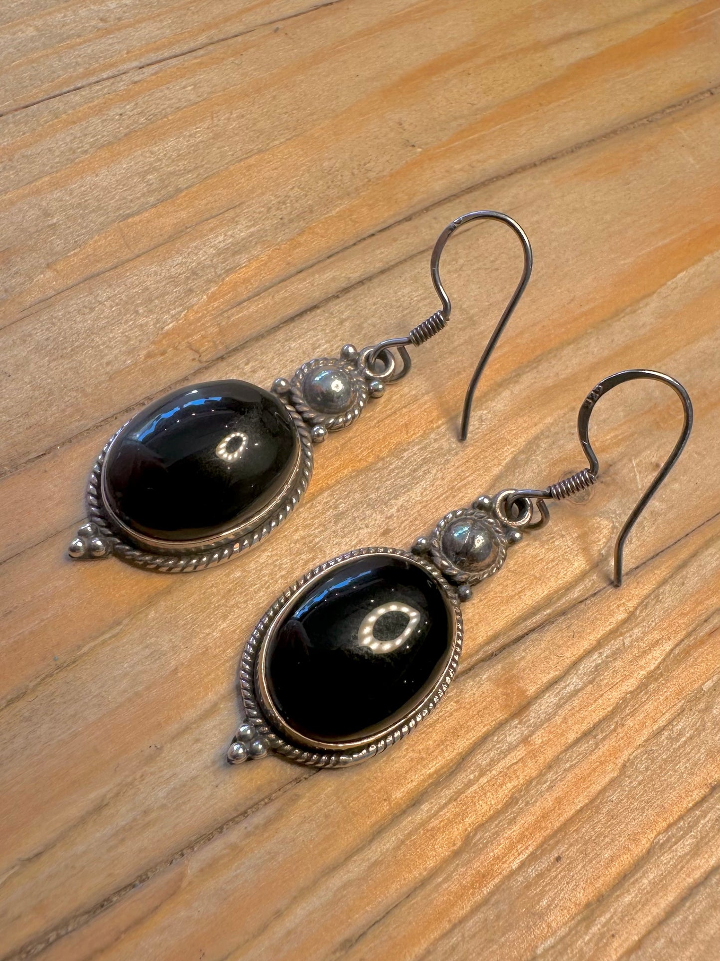 Vintage Onyx Ornate Dangle 925 Sterling Silver Earrings