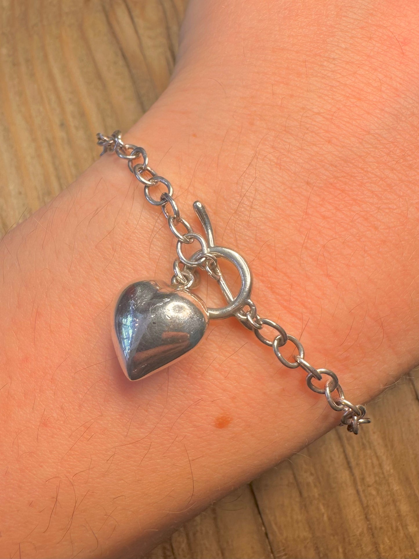 Vintage Belcher Chain Heart T Bar 925 Sterling Silver 7.5 inch Bracelet