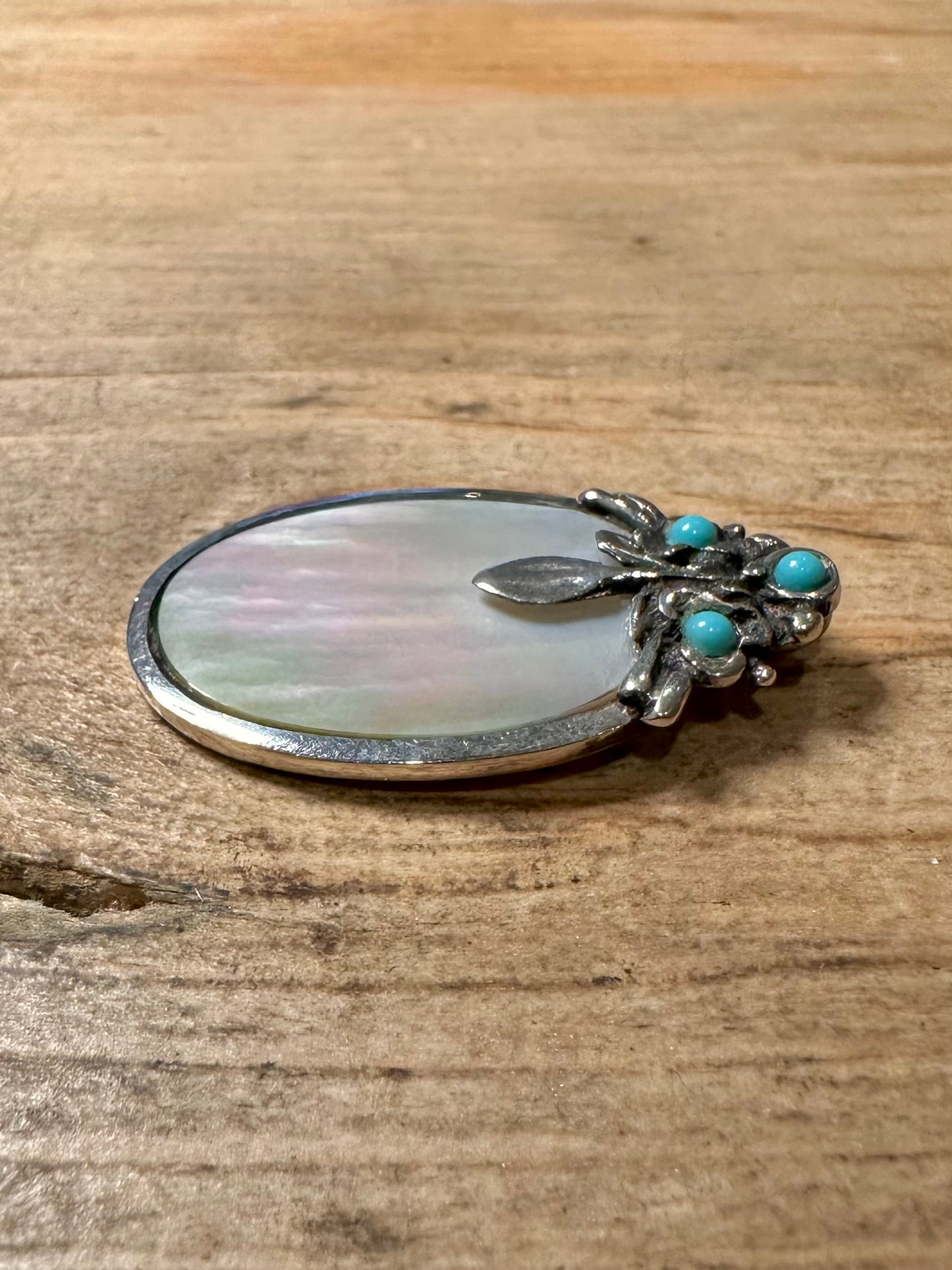 Arts and Crafts Mother of Pearl and Turquoise 925 Silver Pendant