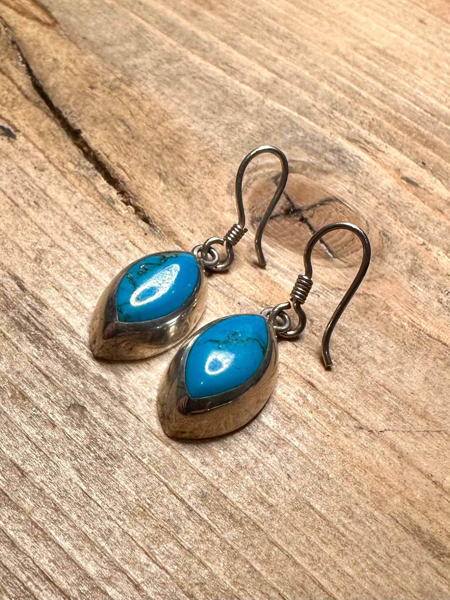 Vintage Blue Polished Turquoise 925 Silver Mexico Earrings