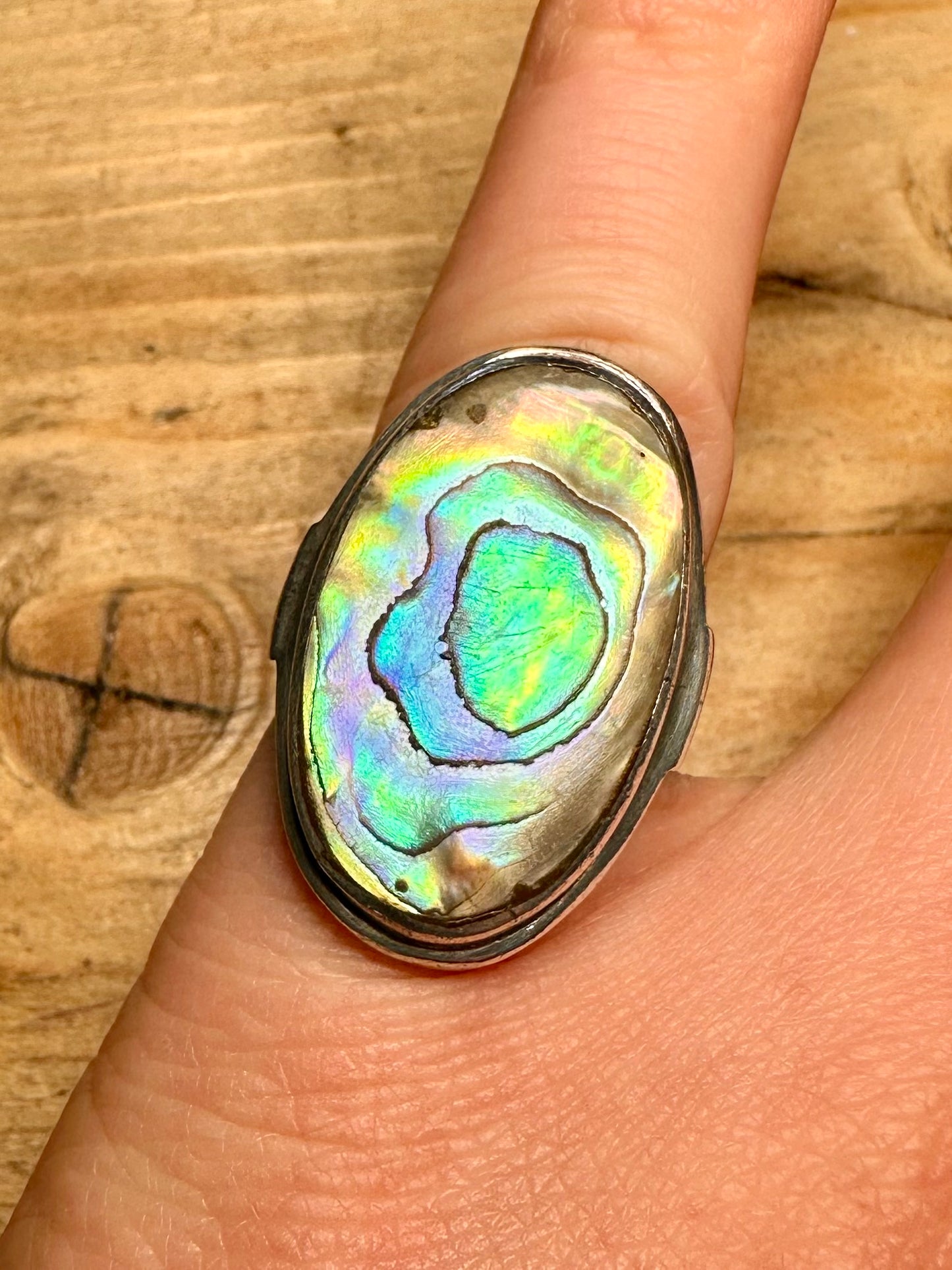 Vintage Raw Abalone Oval 925 Silver Size M Ring