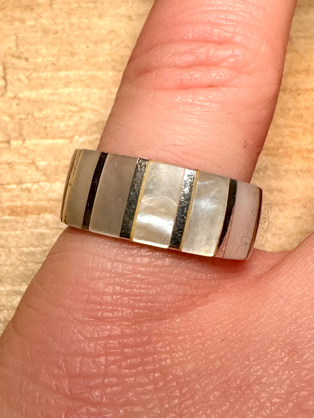 Vintage Mother of Pearl Inlay 925 Silver Size P Ring
