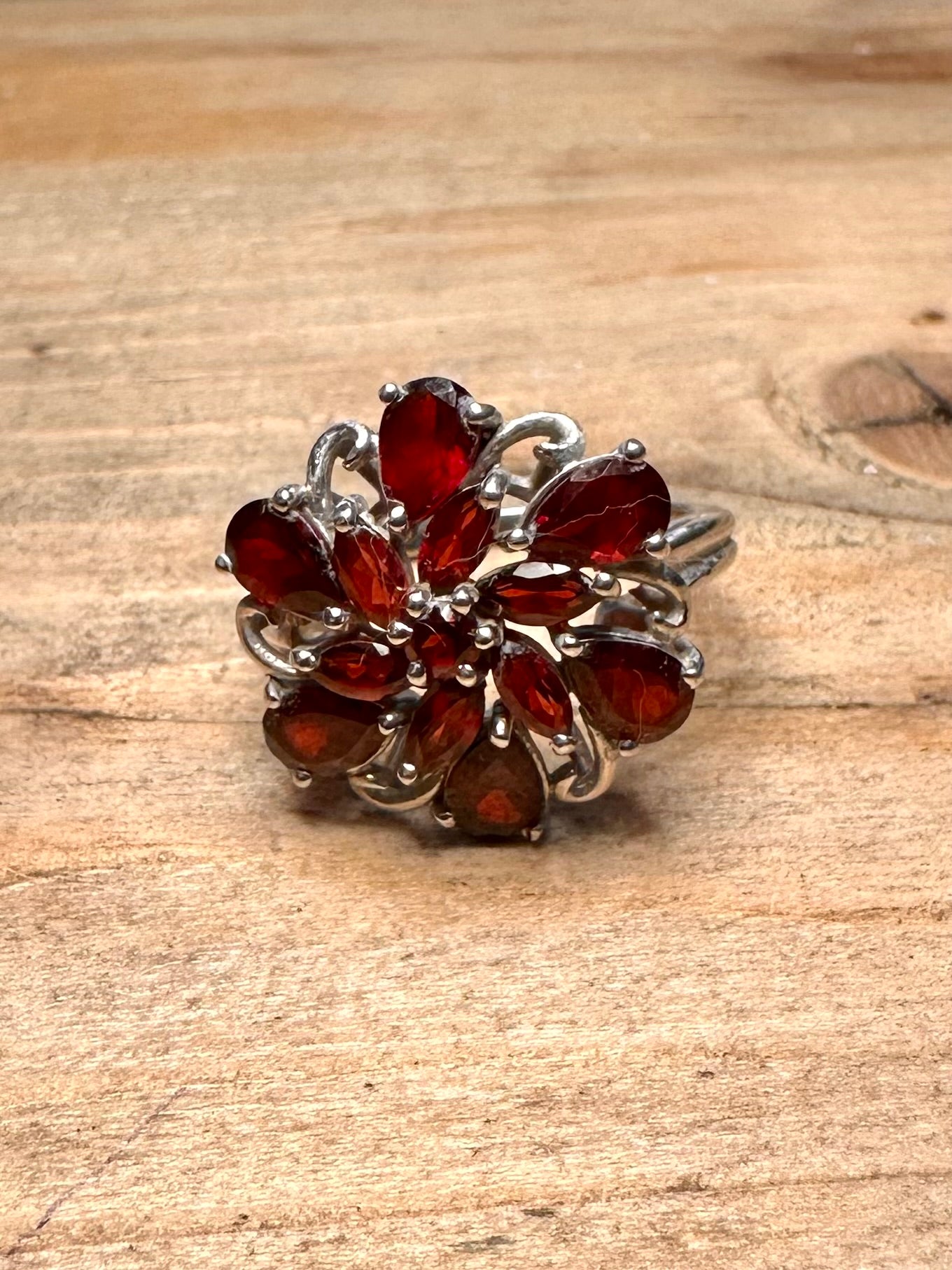 Vintage Garnet Flower 925 Silver Size O Ring