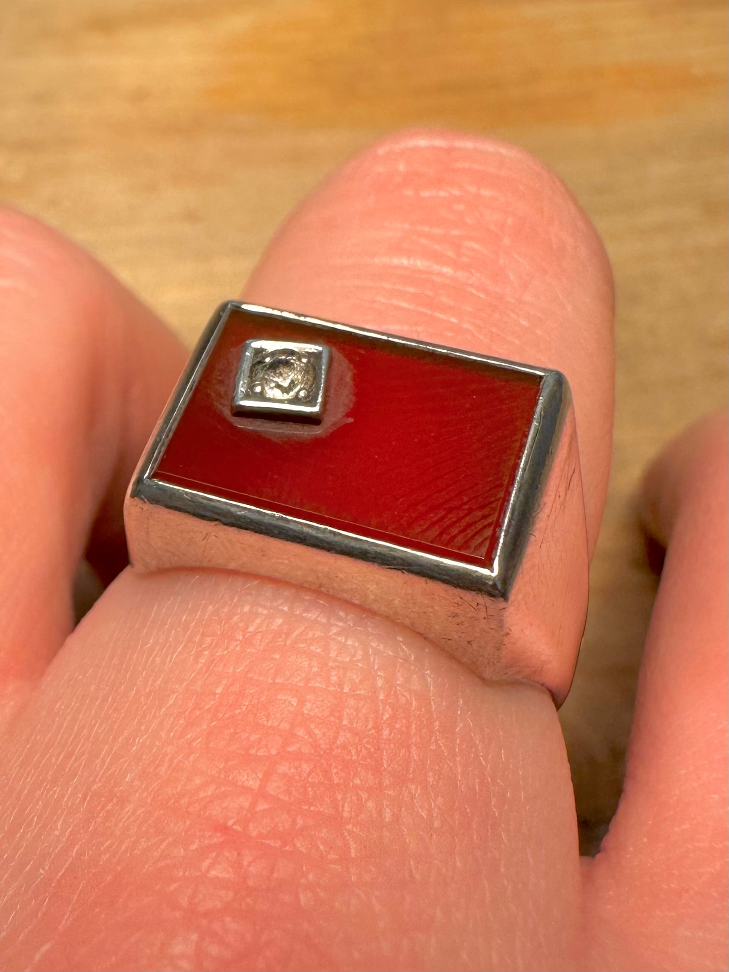 Vintage Carnelian and White Stone Signet 925 Silver Size U Ring