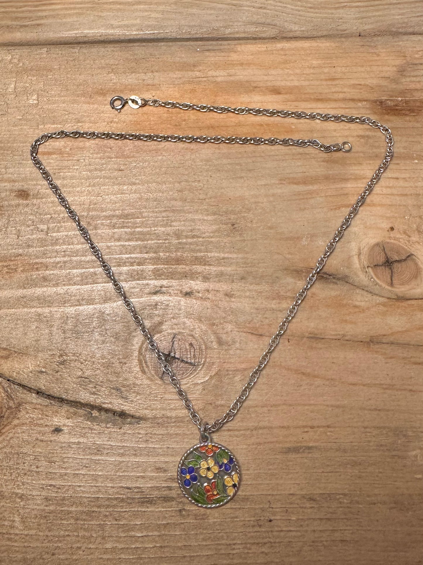 Vintage Enamel Flower Rope Chain 925 Silver 18 inch Necklace