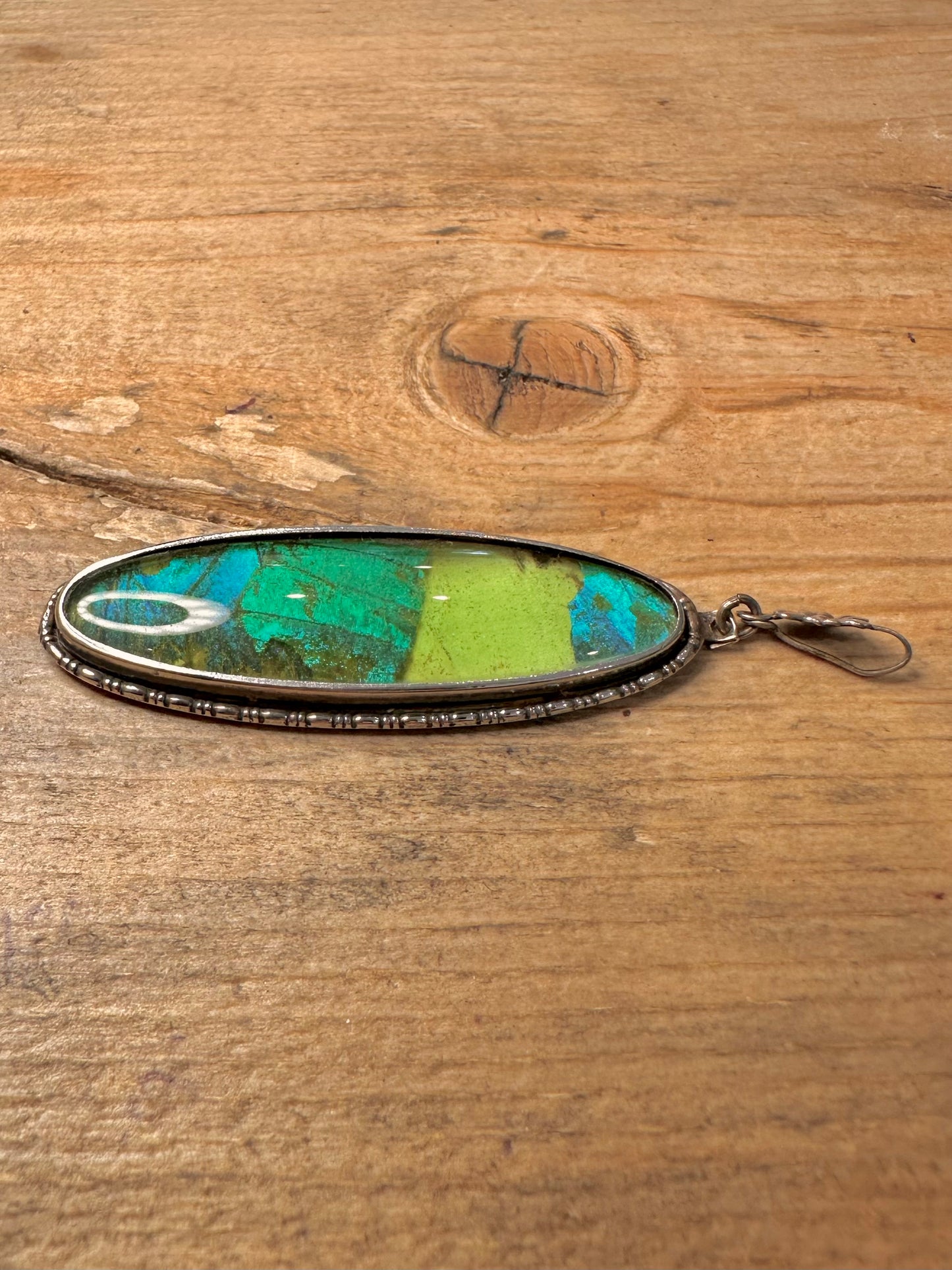 Vintage Elongated Green Foil 925 Silver PAT Number Pendant