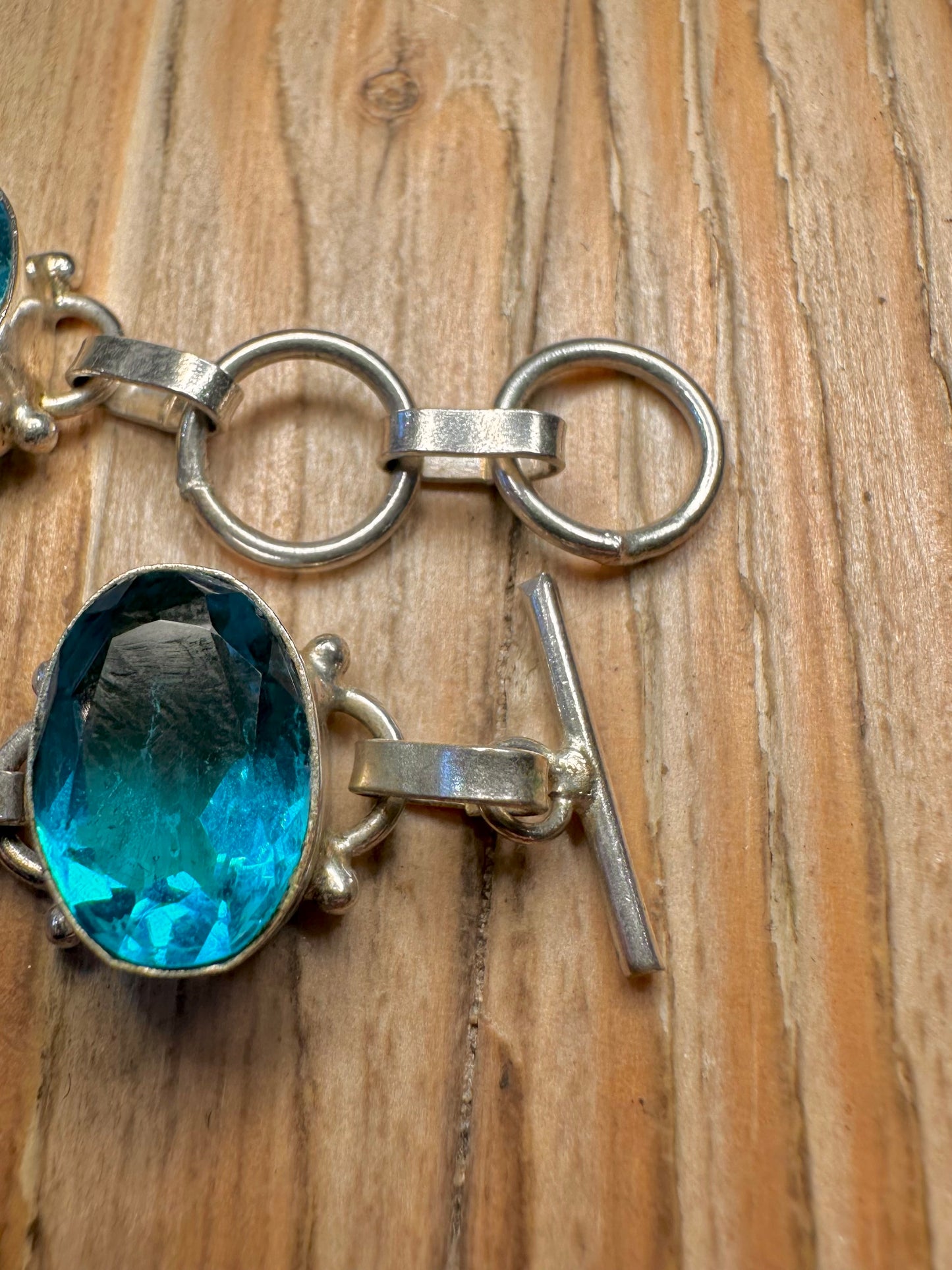 Vintage Blue Topaz Oval Link 925 Sterling Silver 7 to 7.5 inch Bracelet