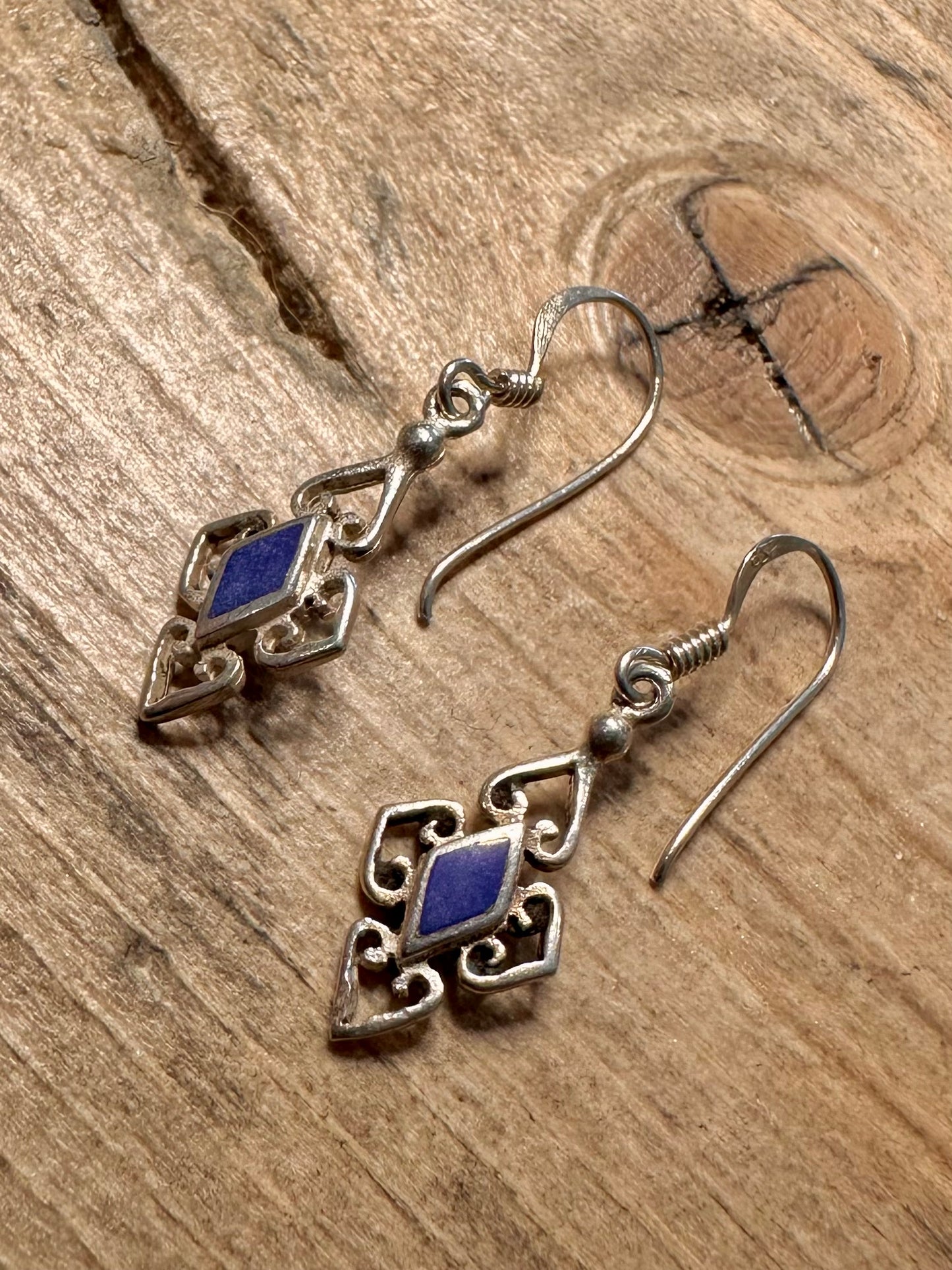 Vintage Ornate Blue 925 Silver Earrings