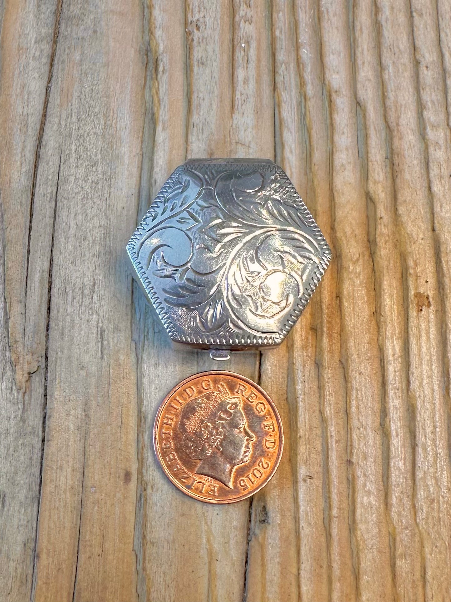 Engraved 1981 Hexagon Pill Box 925 Sterling Silver Collectable
