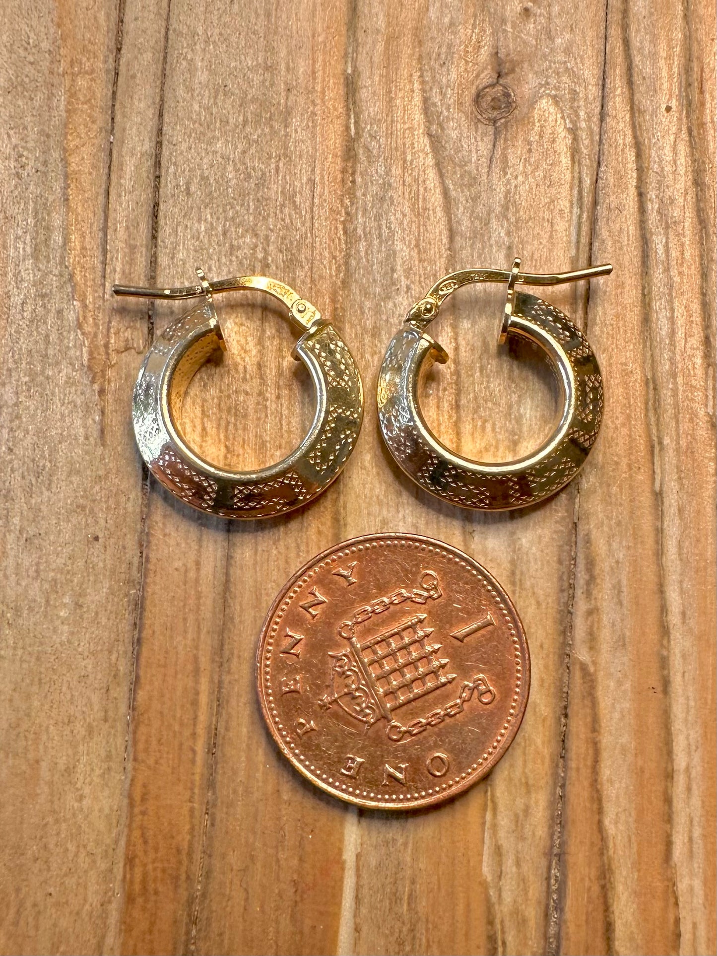 Modern Engraved Gold on 925 Sterling Silver Hoop Earrings