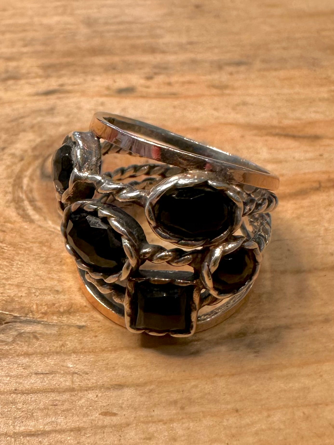 Vintage Black Stone Twisted Layer Gold and 925 Silver Size M1/2 Ring