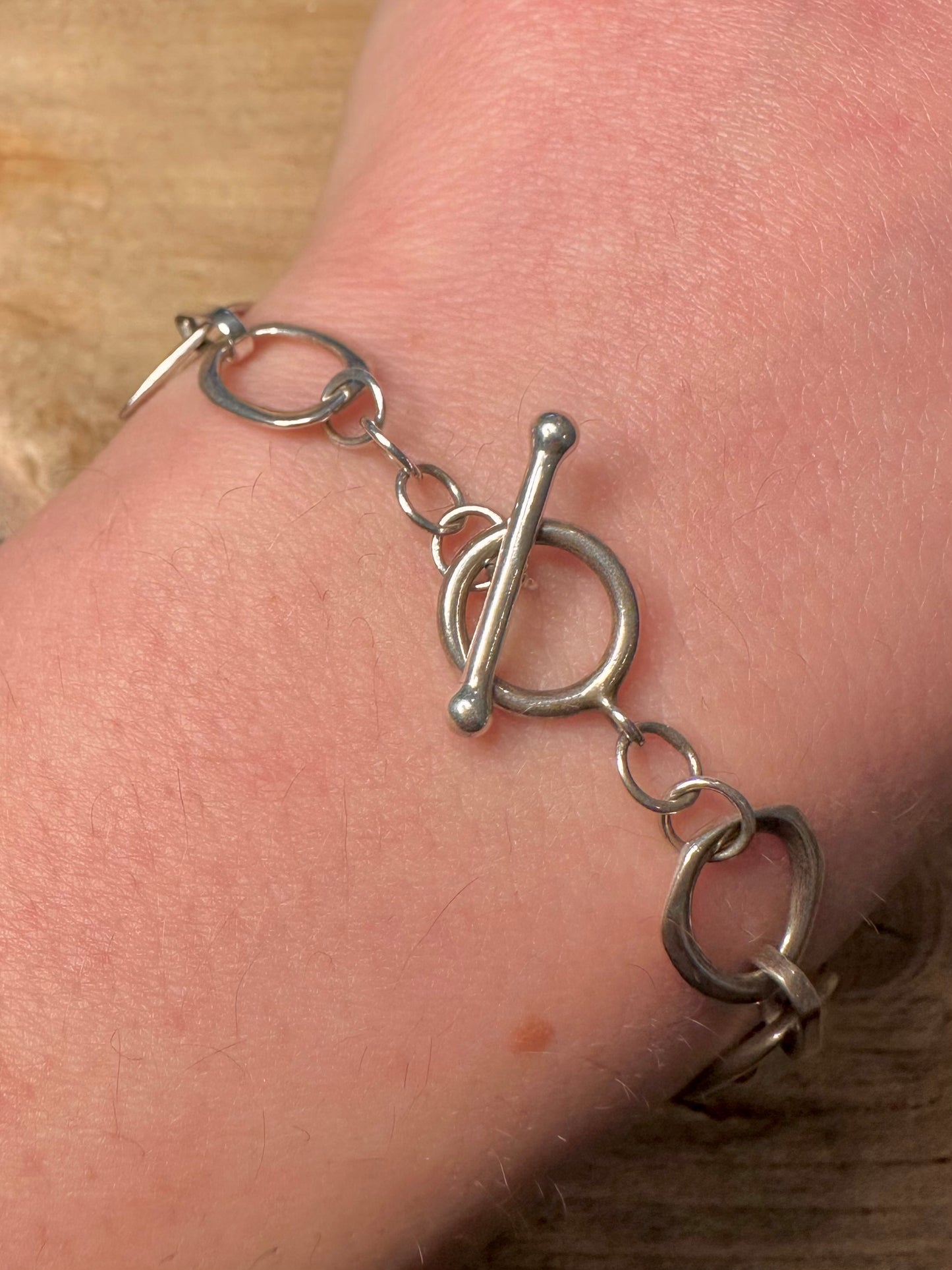 Abstract Multi Shaped T Bar Clasp 925 Silver 7.5 inch Bracelet