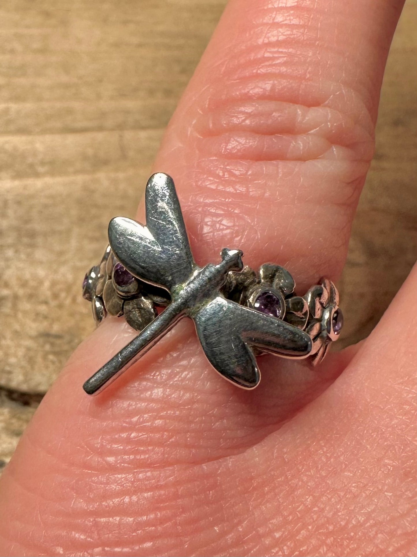 Vintage Dragon Fly Purple Flower Band 925 Silver Size M Ring