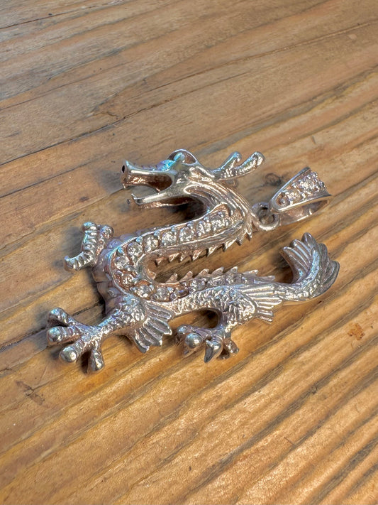 Large Dragon CZ White Stones 925 Sterling Silver Pendant