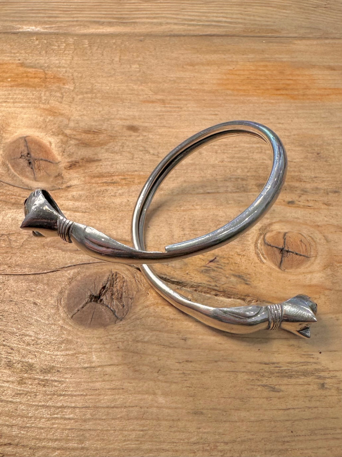 Abstract Double Ended Cat Head 925 Silver Cuff Bangle