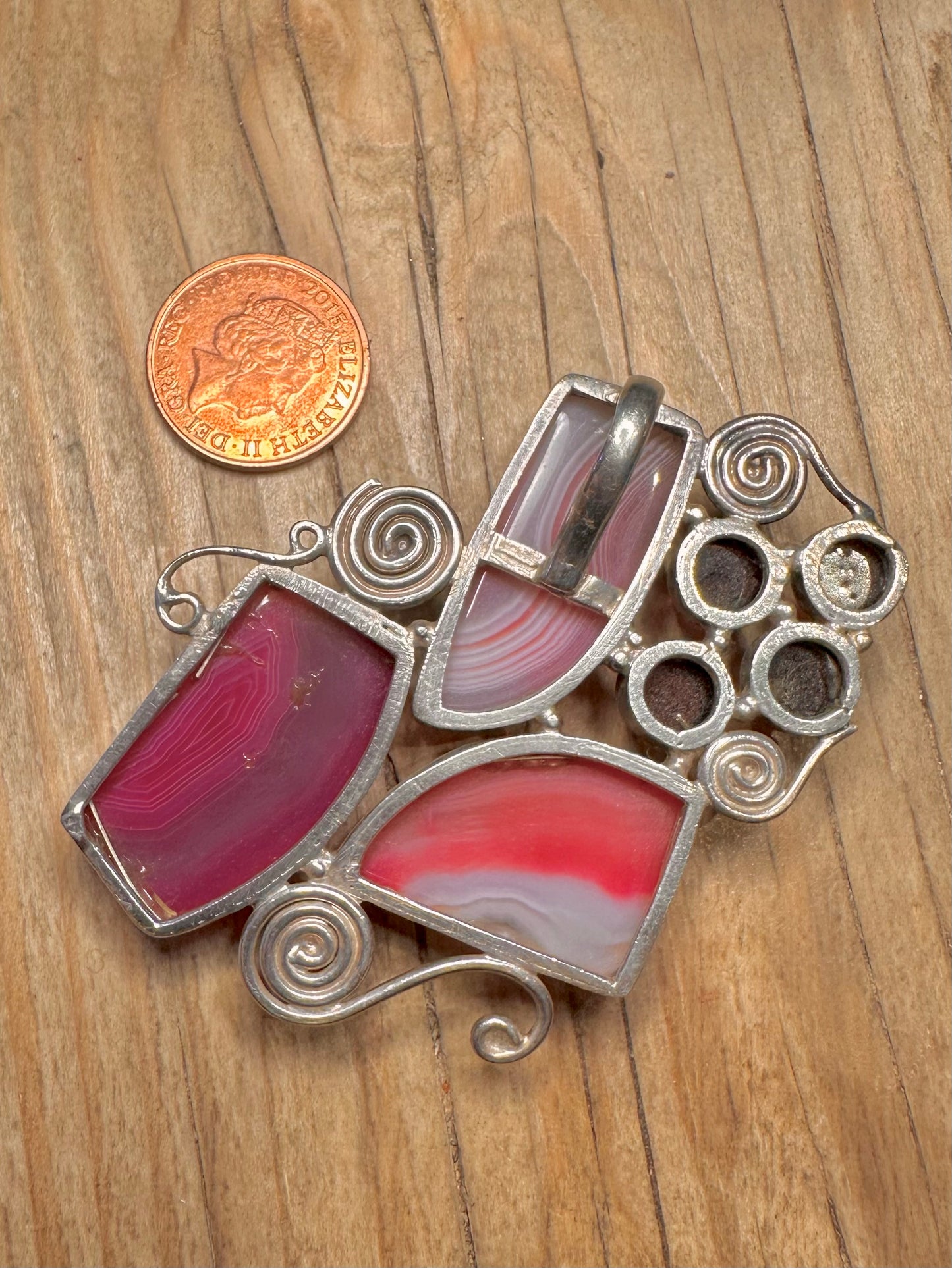 Abstract Garnet and Agate Swirl Large 925 Sterling Silver Pendant