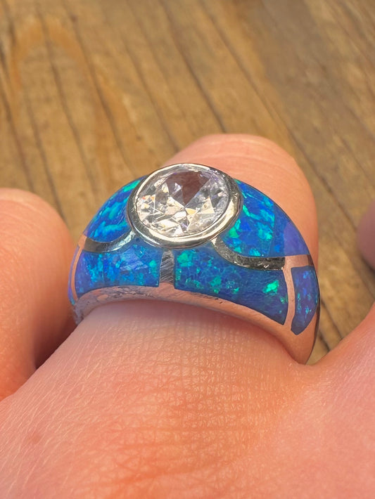 Modern Blue Opal Inlay White CZ Dome 925 Sterling Silver Size R Ring