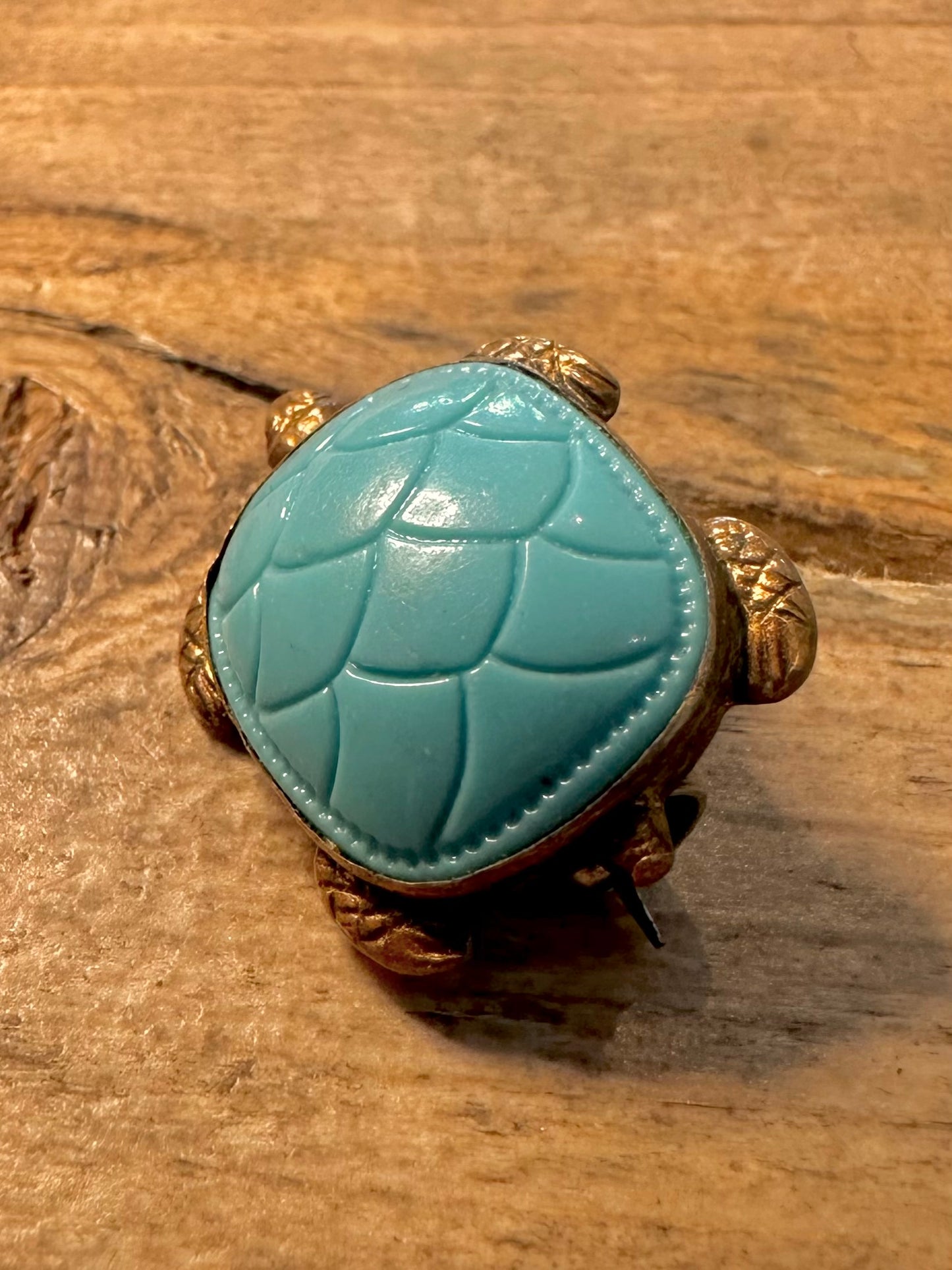 Vintage Blue Stone Turtle Brass Brooch