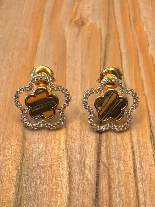 Modern Tigers Eye Flower Gold on 925 Sterling Silver Stud Earrings