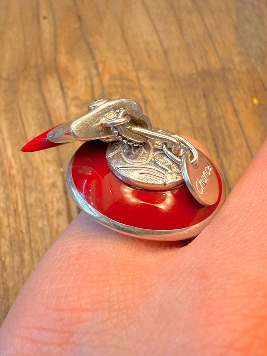 Chunky Red Horn Charm Ring 925 Sterling Silver Size O1/2 Ring