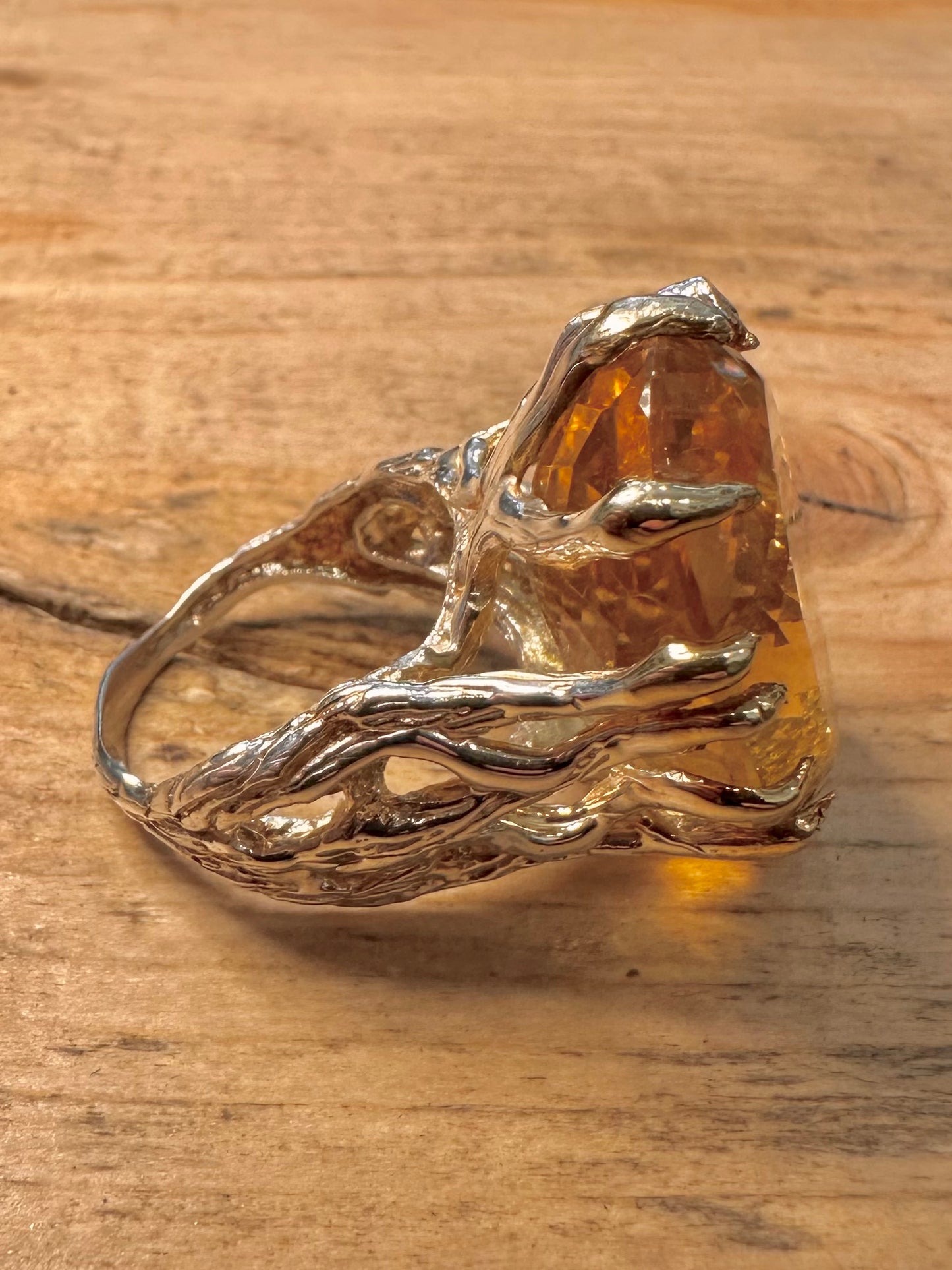 Abstract Large Citrine Stone Claw Mount 925 Silver Size R Ring