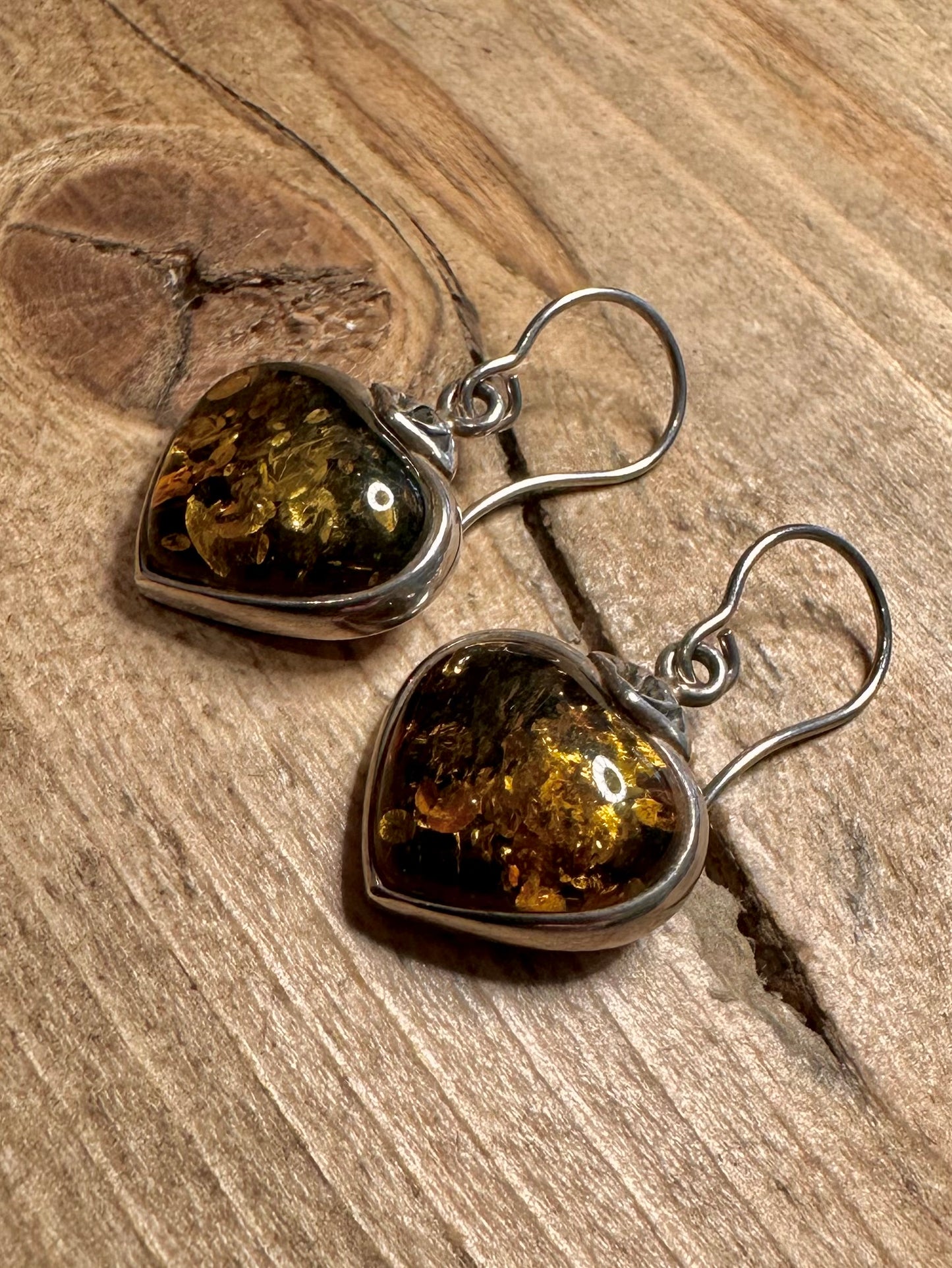 Vintage Green Amber Heart 925 Silver Earrings