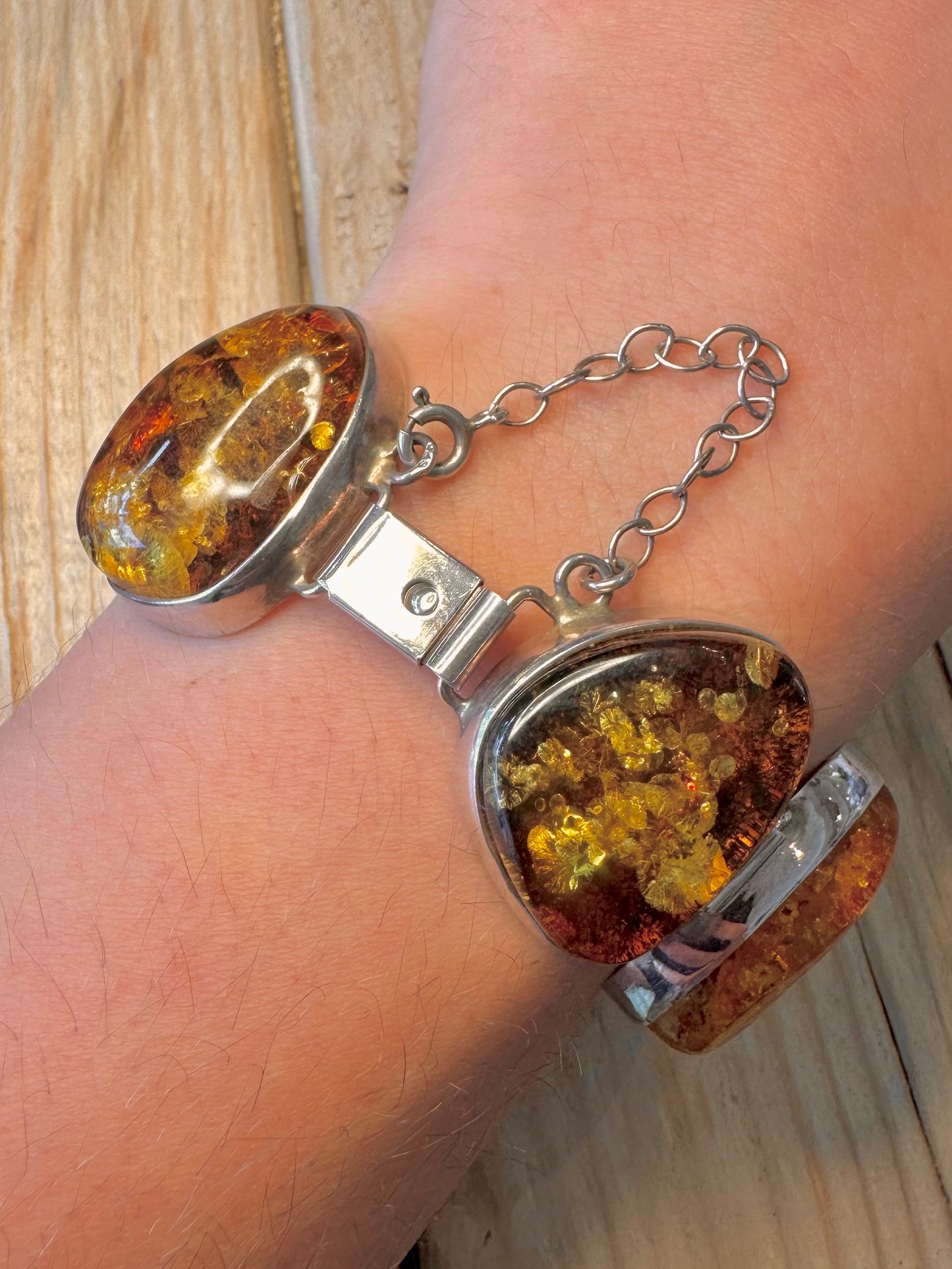 Stunning Vintage Large Amber 925 Silver with Safety Chain 7 inch Bracelet