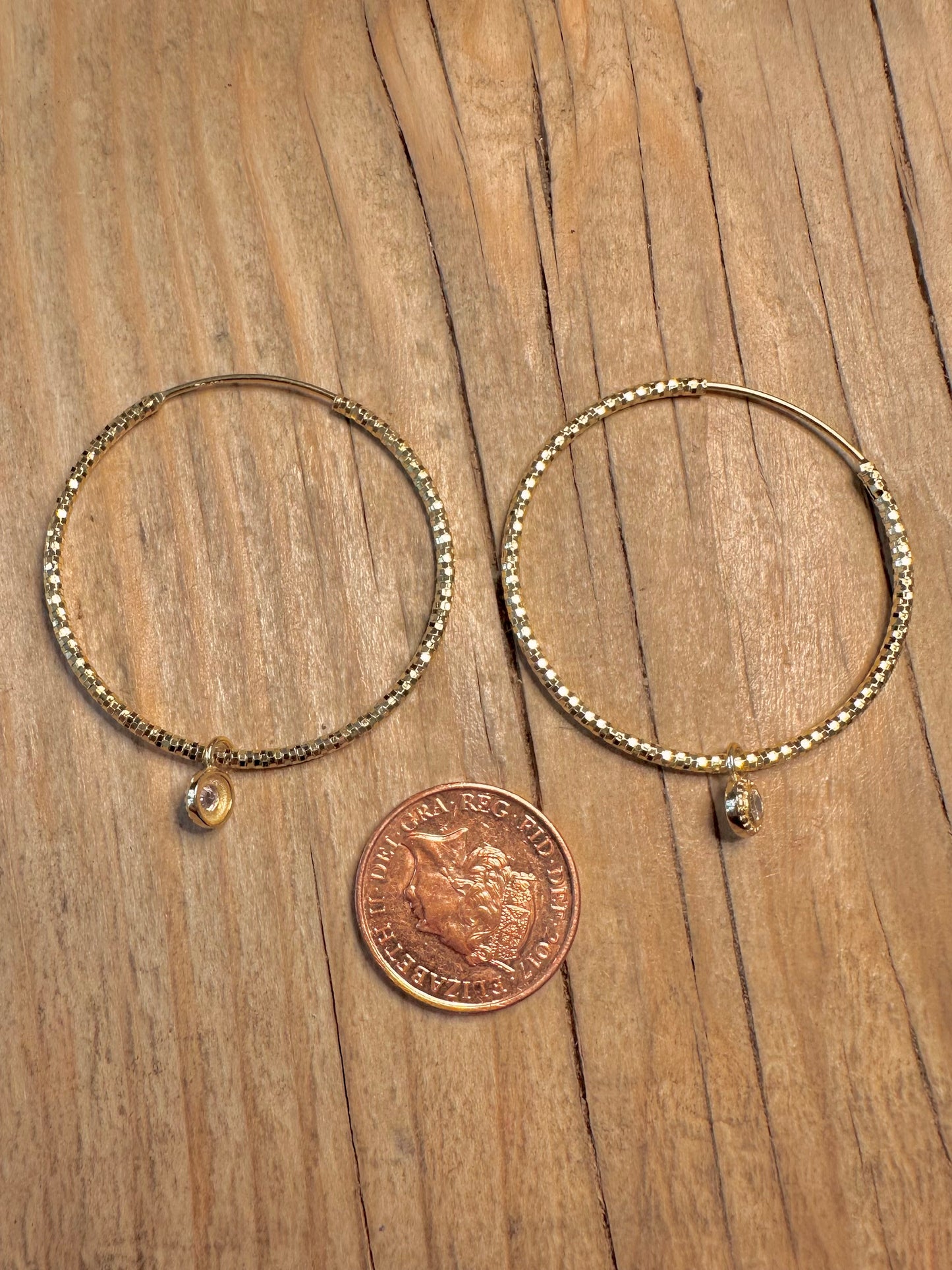 Modern Textured CZ White Hoops Gold on 925 Sterling Silver Earrings