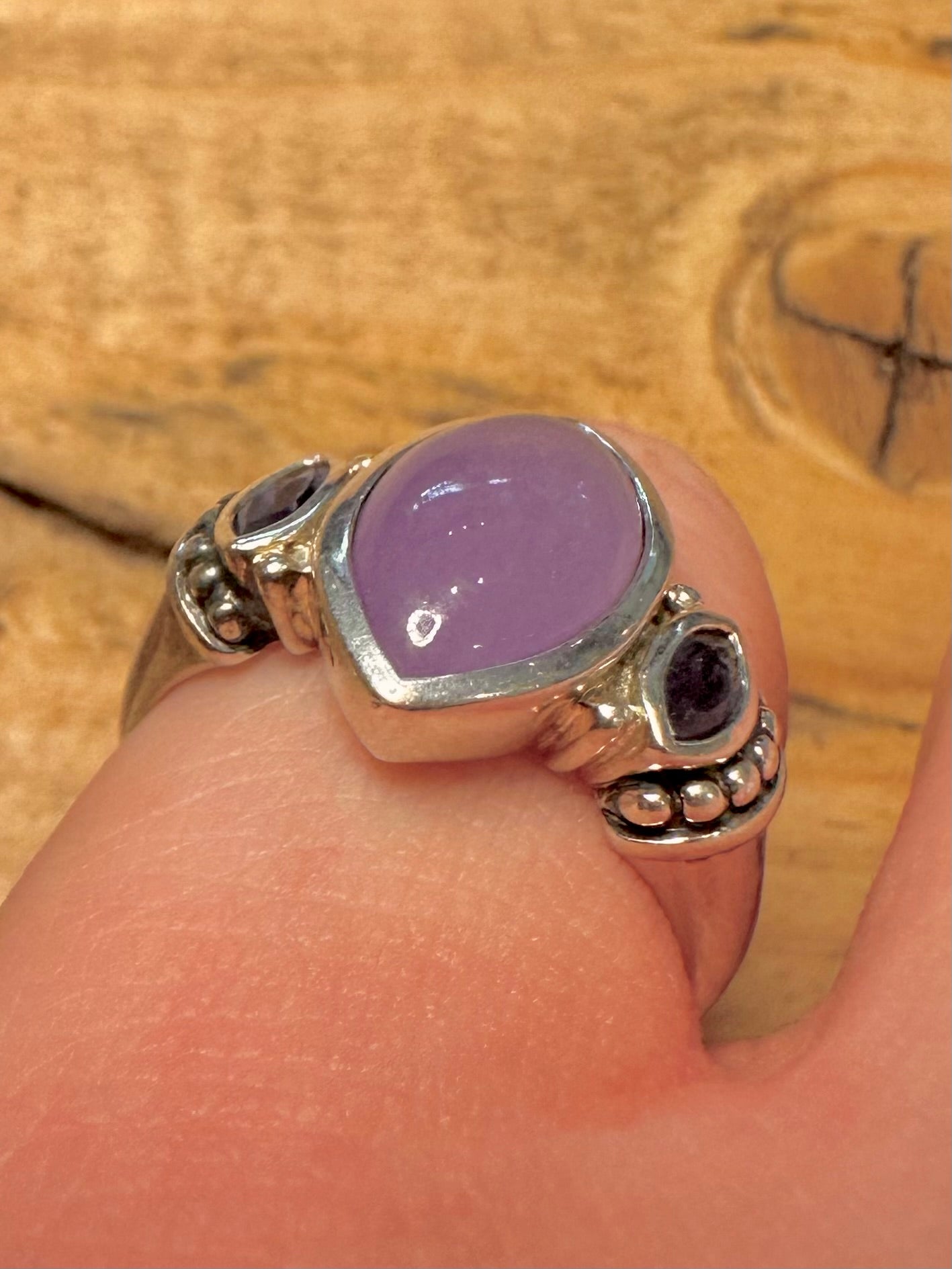 Modernist Lavender Jade and Amethyst 925 Silver Size O1/2 Ring