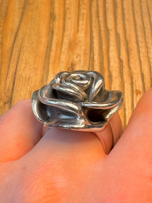 Large Rose Flower Hollow 925 Sterling Silver Size Q Ring