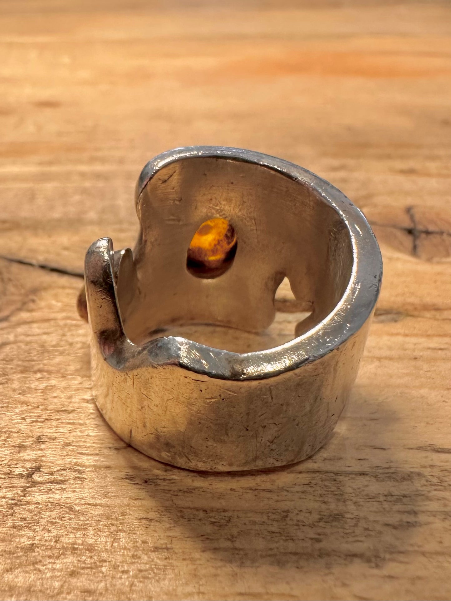 Modernist Abstract Chunky Amber Gold Ball 925 Silver Size N1/2 Ring