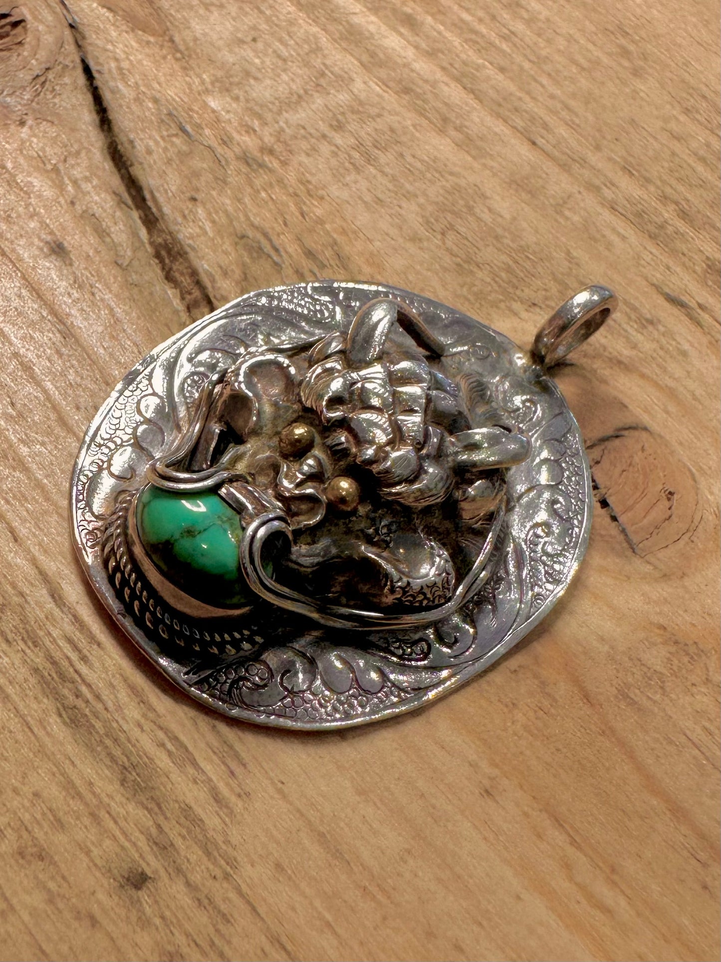 Vintage Dragon Turquoise Gold Eyes 925 Silver Pendant