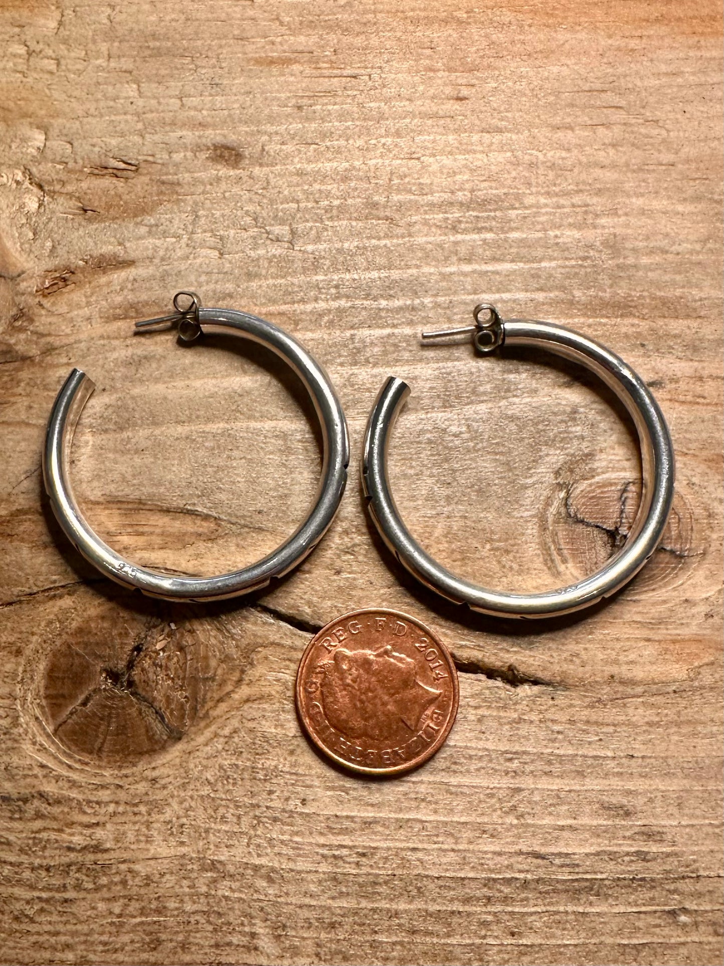 Vintage Large Chunky Engraved Hoops 925 Silver Earrings
