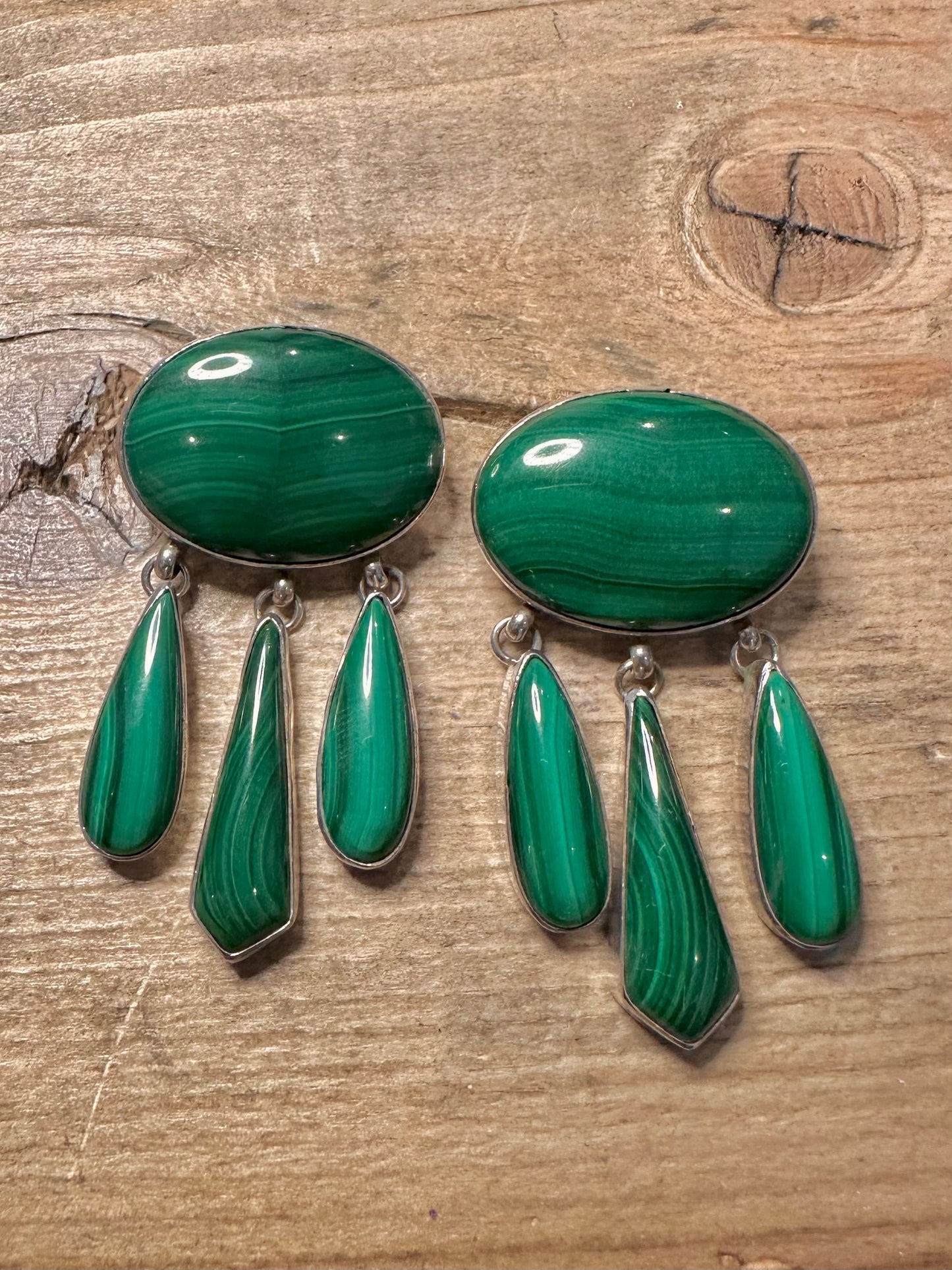 Vintage Large Malachite 925 Silver Earrings