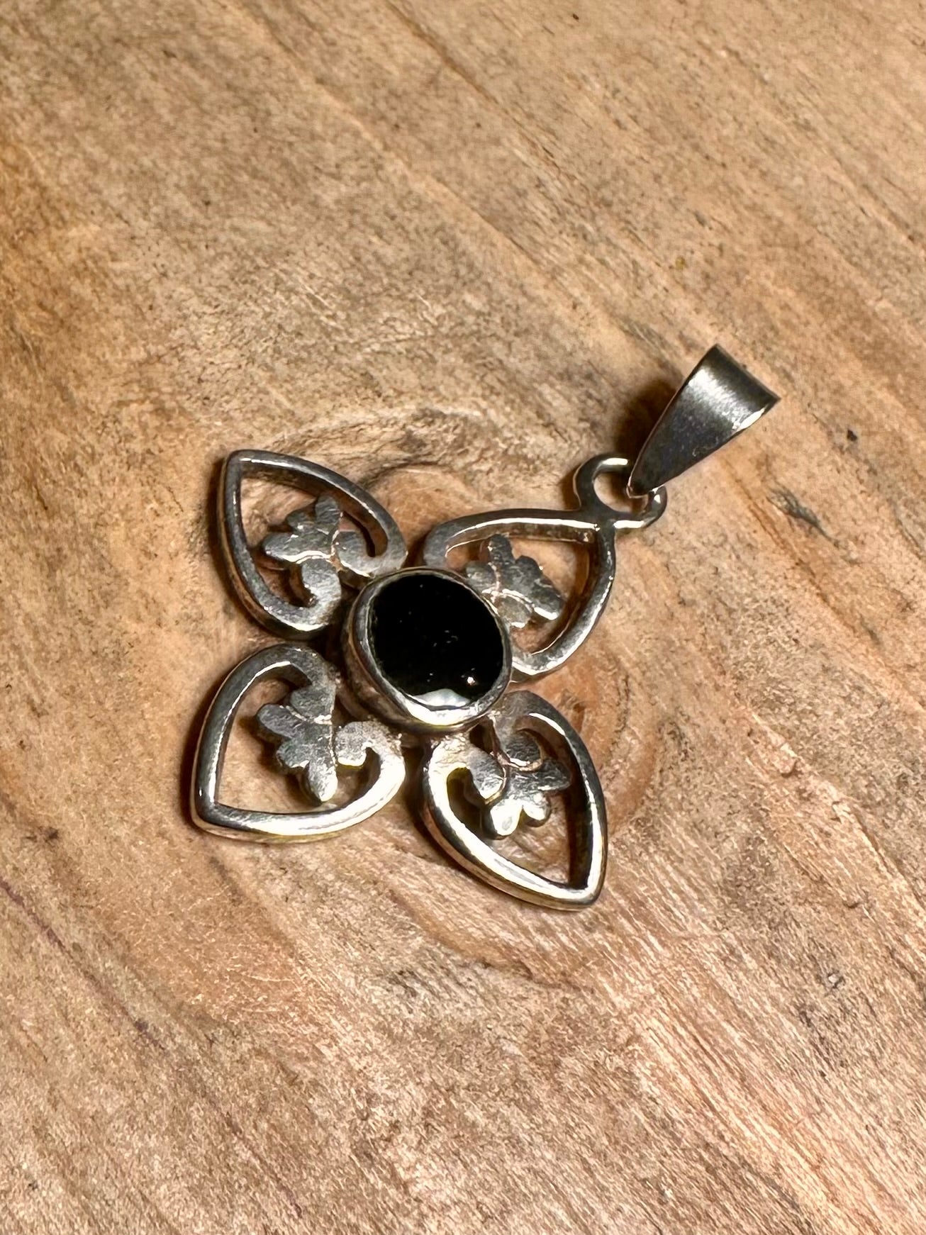 Vintage Cross Black Stone 925 Silver Pendant