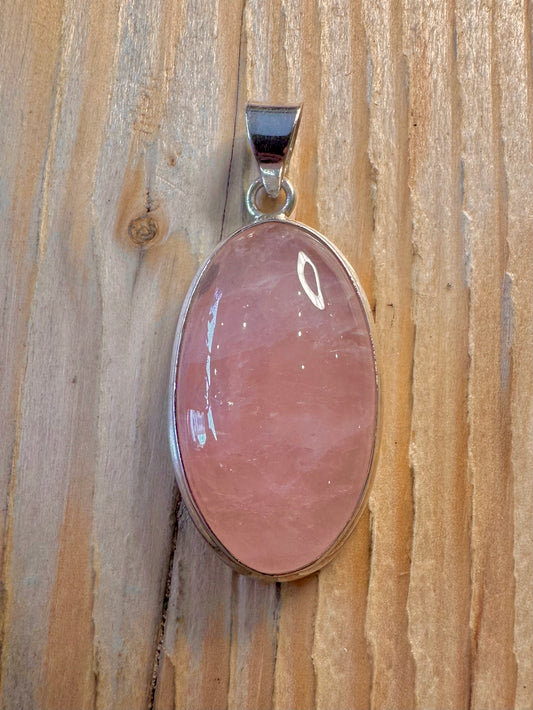Vintage Rose Quarts Oval 925 Sterling Silver Pendant
