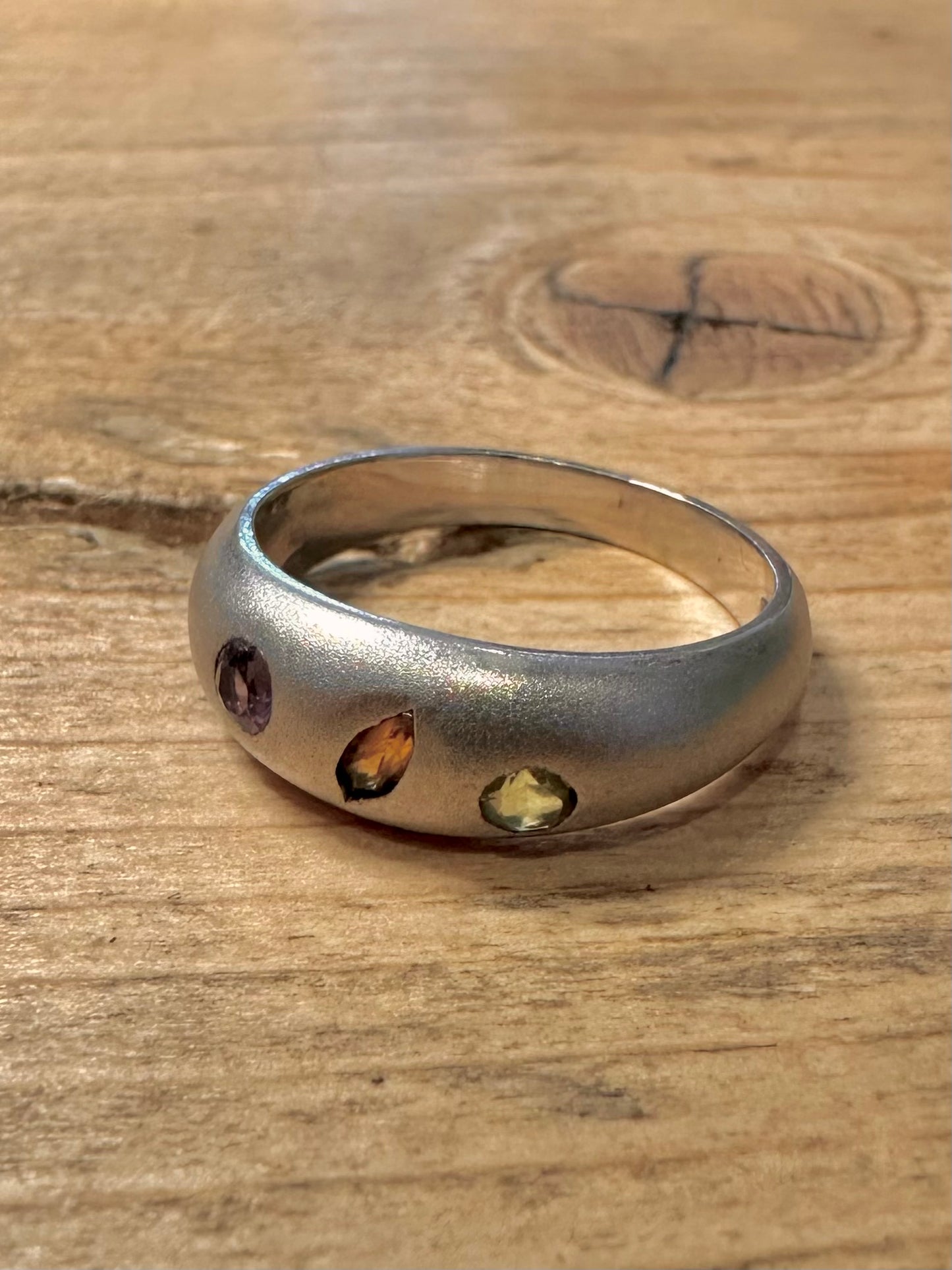 Modernist Amethyst Peridot and Citrine 925 Silver Size N1/2 Ring