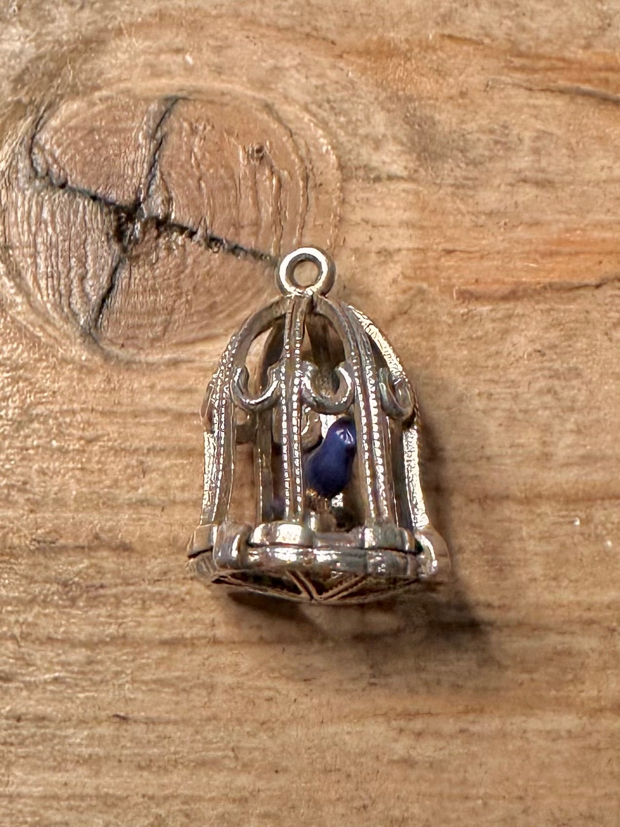 Vintage Enamel Blue Bird in Cage 925 Silver Charm Pendant