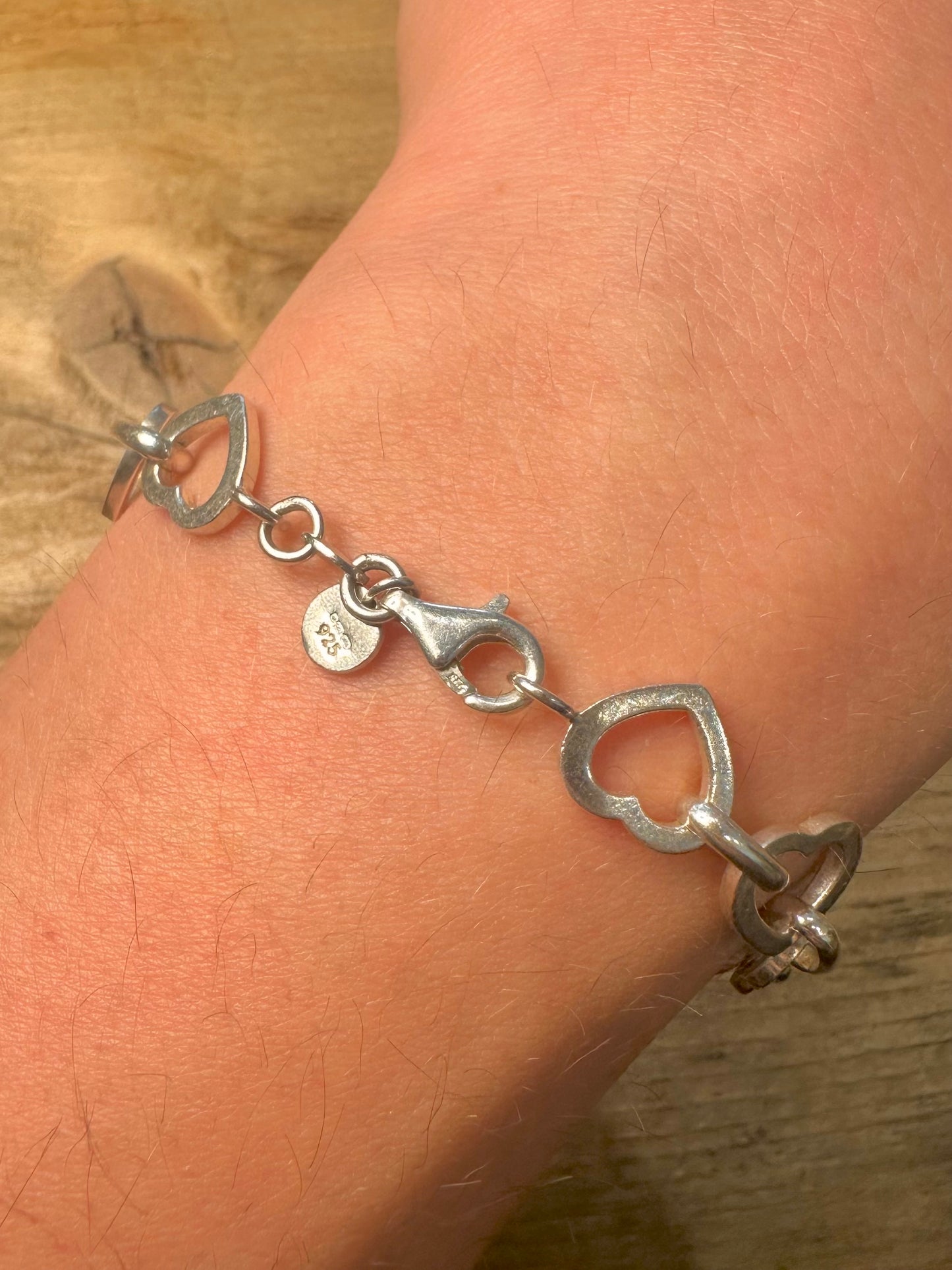 Vintage Heart Link 925 Silver 7.4 inch Bracelet