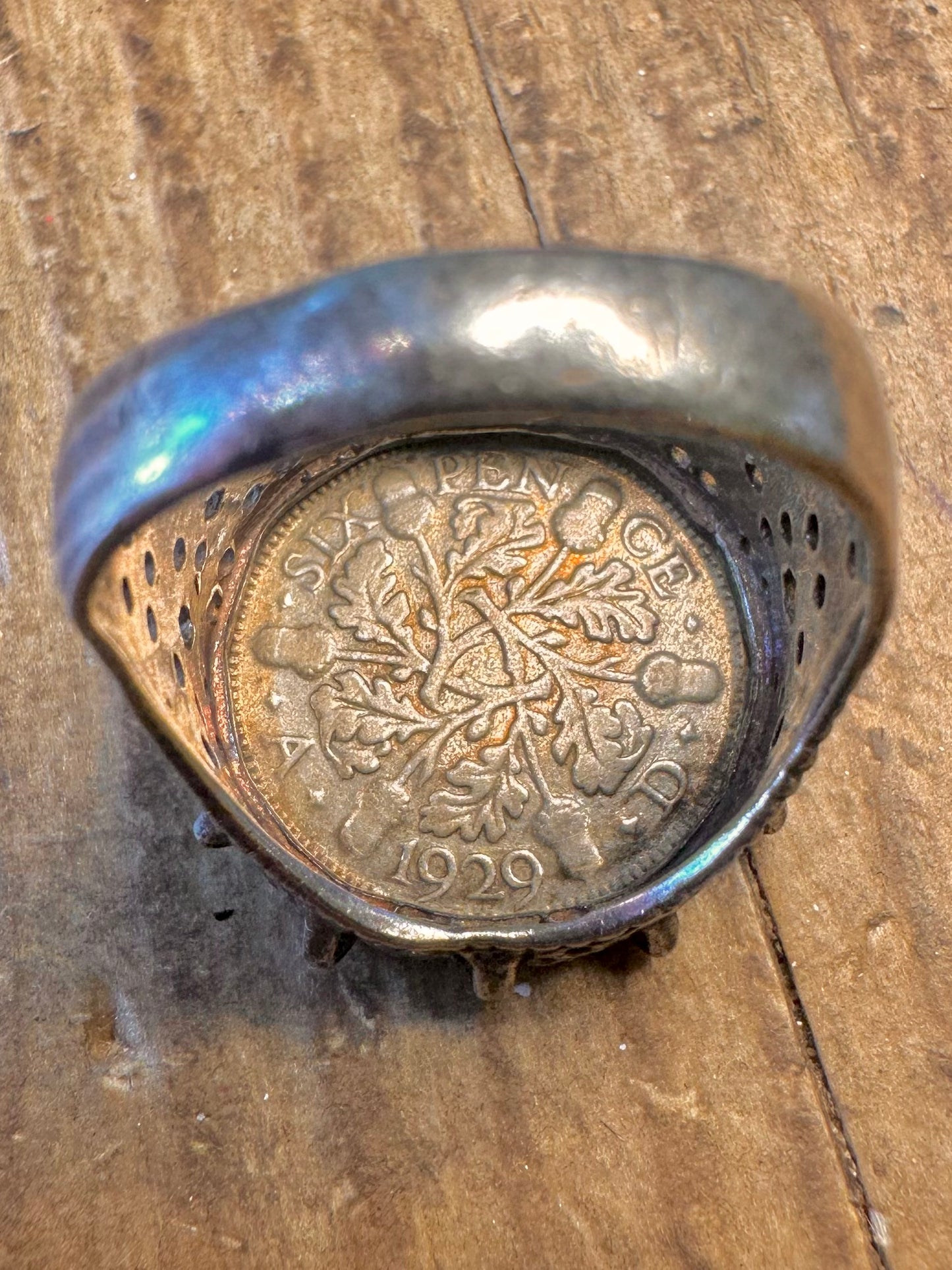 Six Pence 1929 Decorative Mount 925 Sterling Silver Size S Ring