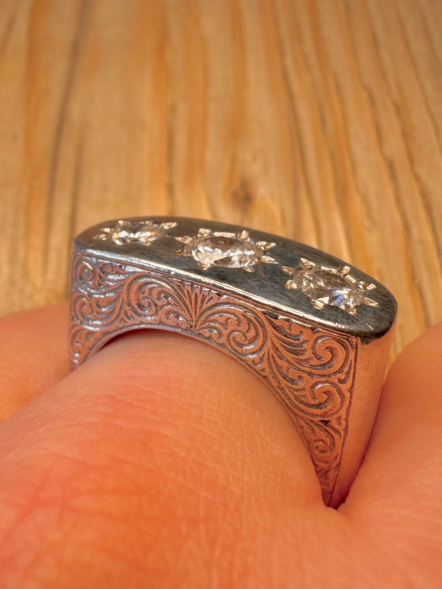 Modern 2024 Large Trio White CZ Engraved 925 Sterling Silver Size W1/2 Ring