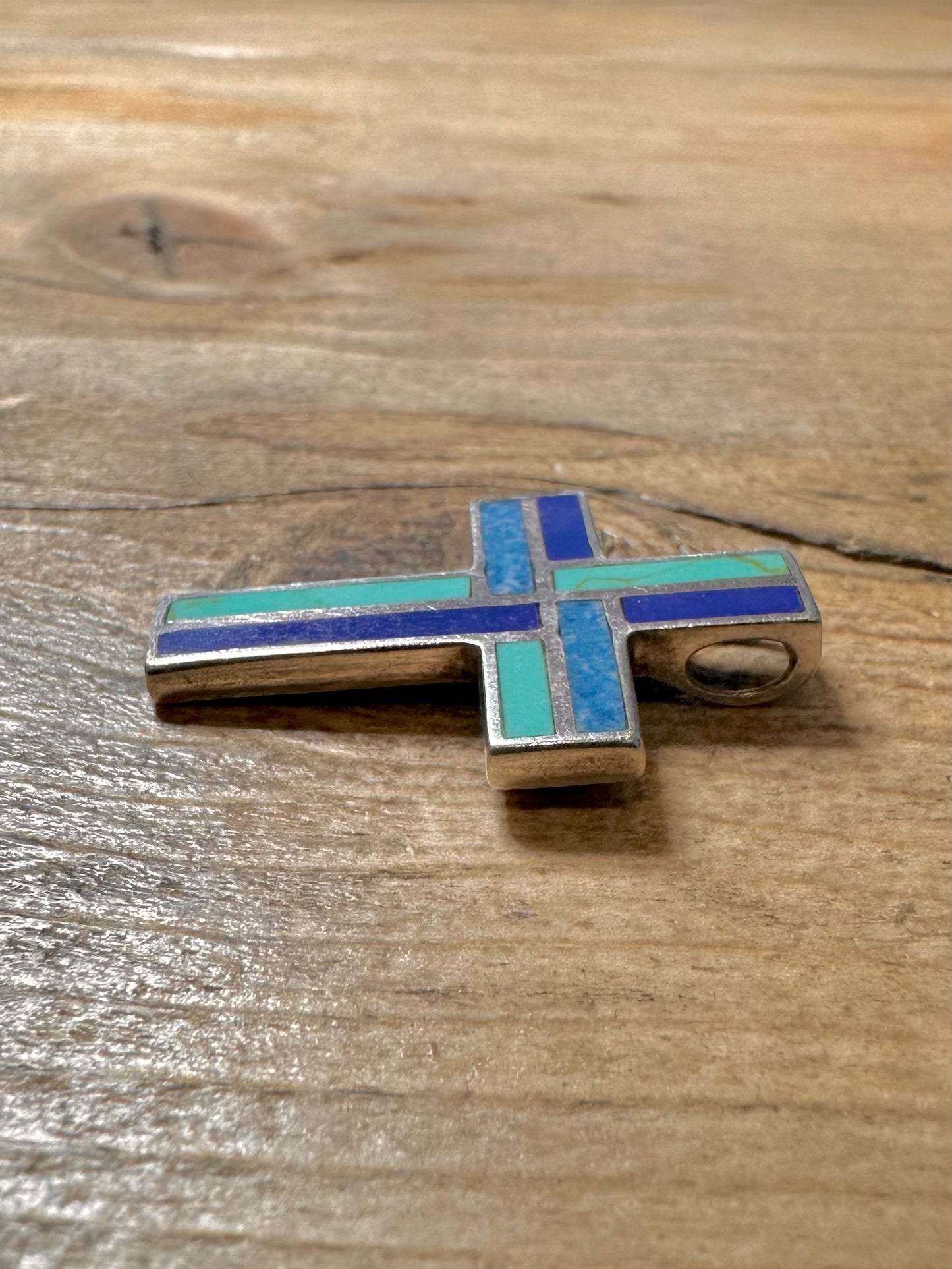 Vintage Turquoise and Lapis Inlay Cross 925 Silver Pendant