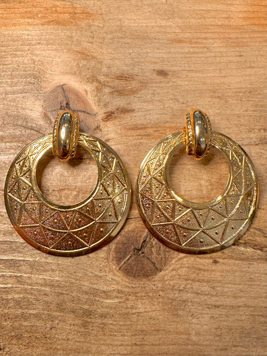 Vintage Large Oval Decorative Gold Costume Earrings
