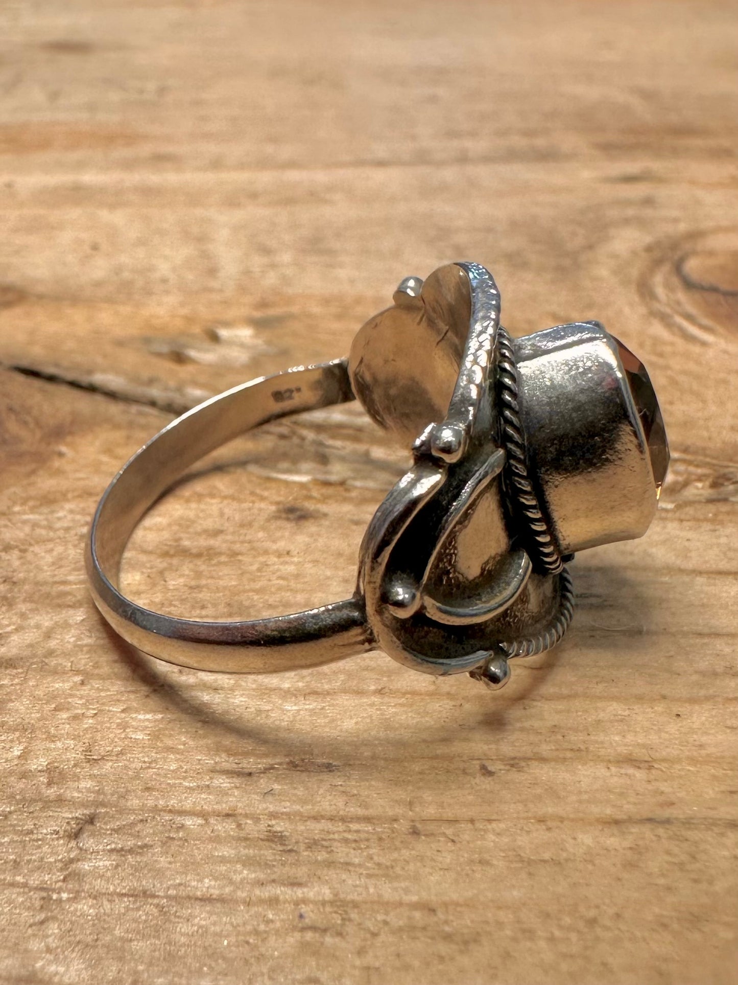 Vintage Citrine Boho 925 Silver Size S Ring