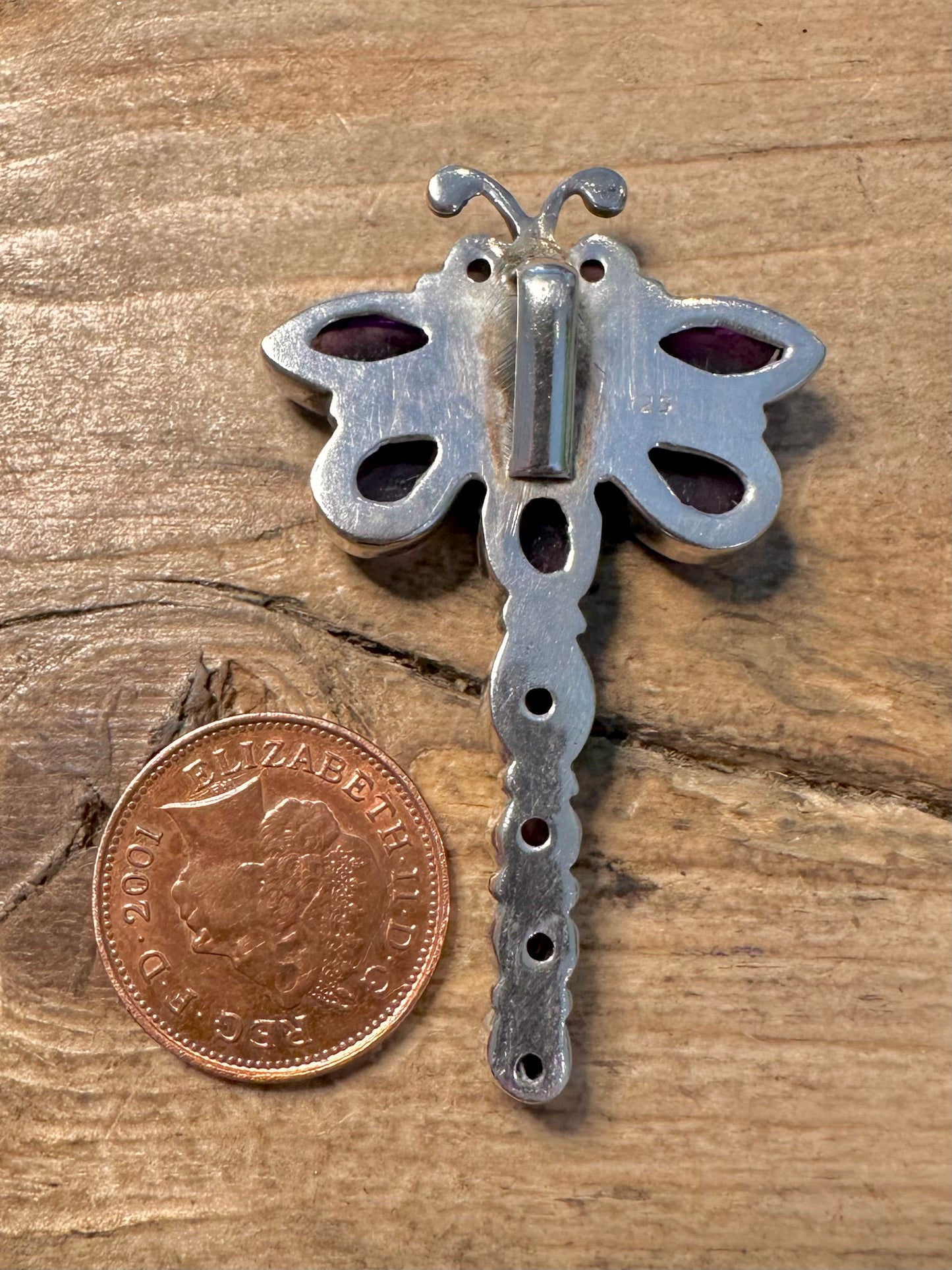 Vintage Amethyst Dragonfly 925 Silver Pendant
