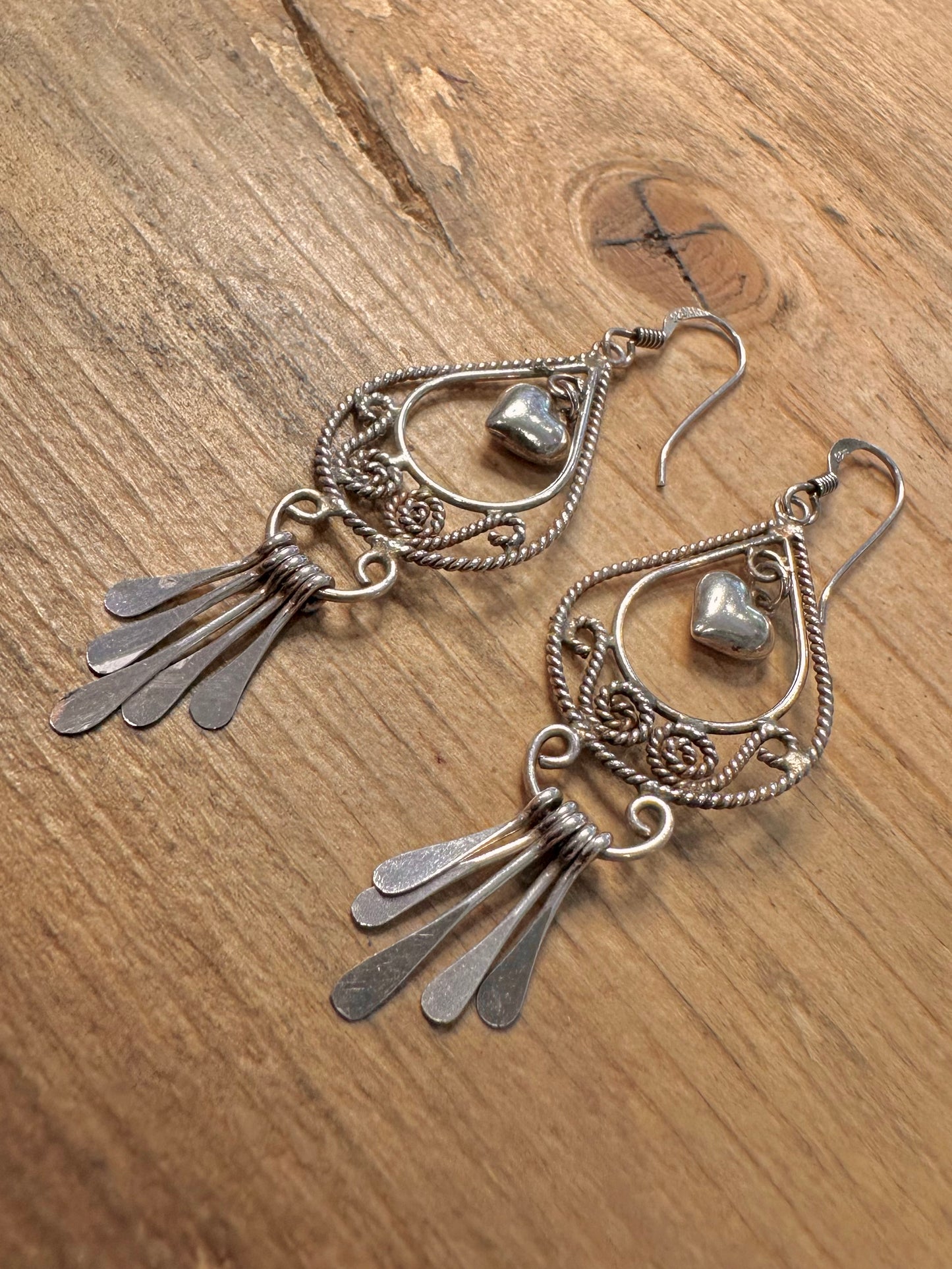Vintage Filigree Heart Dangle 925 Silver Earrings