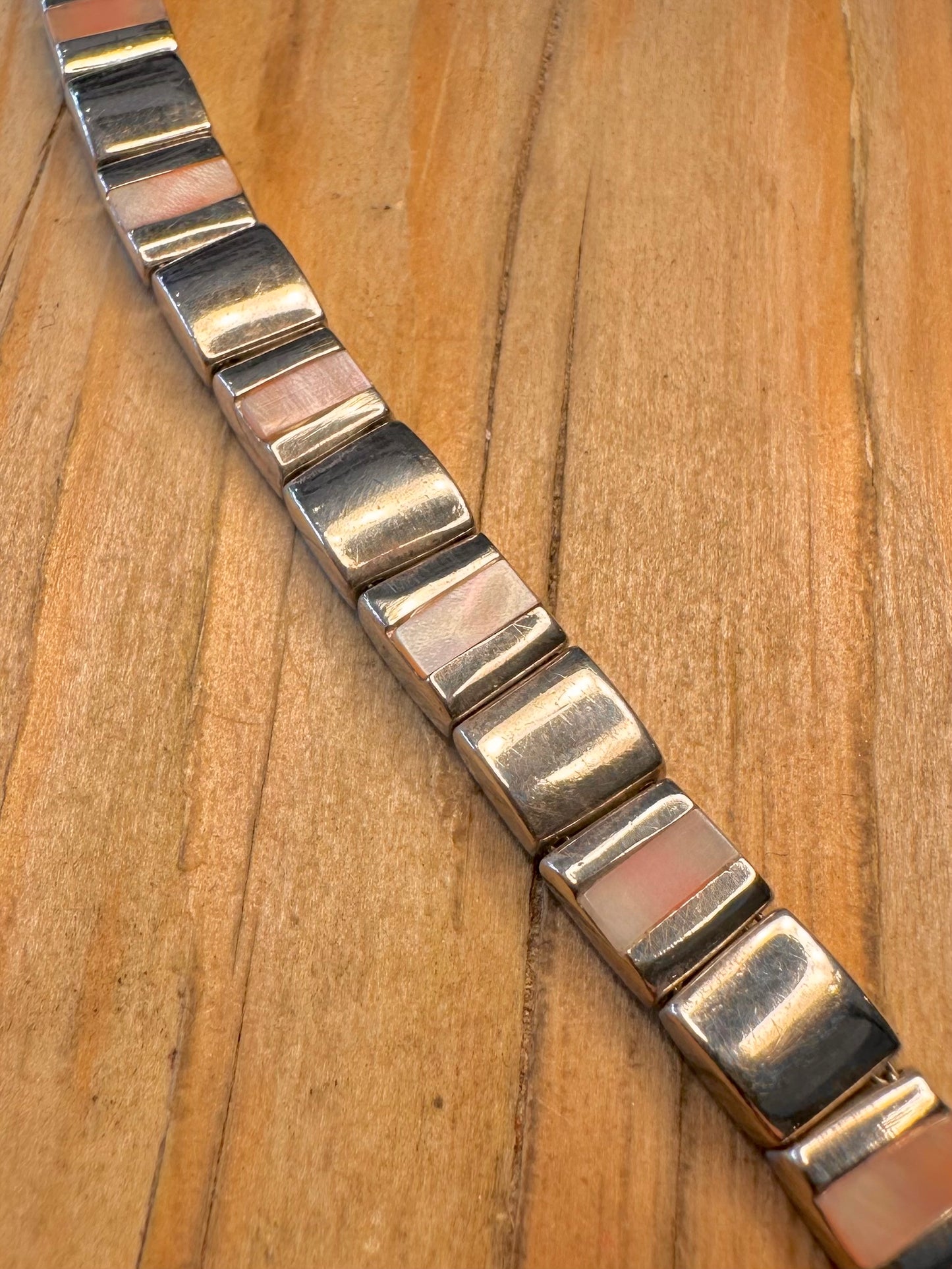 Modernist Heavy Mother of Pearl Bar 925 Sterling Silver 7.5 inch Bracelet