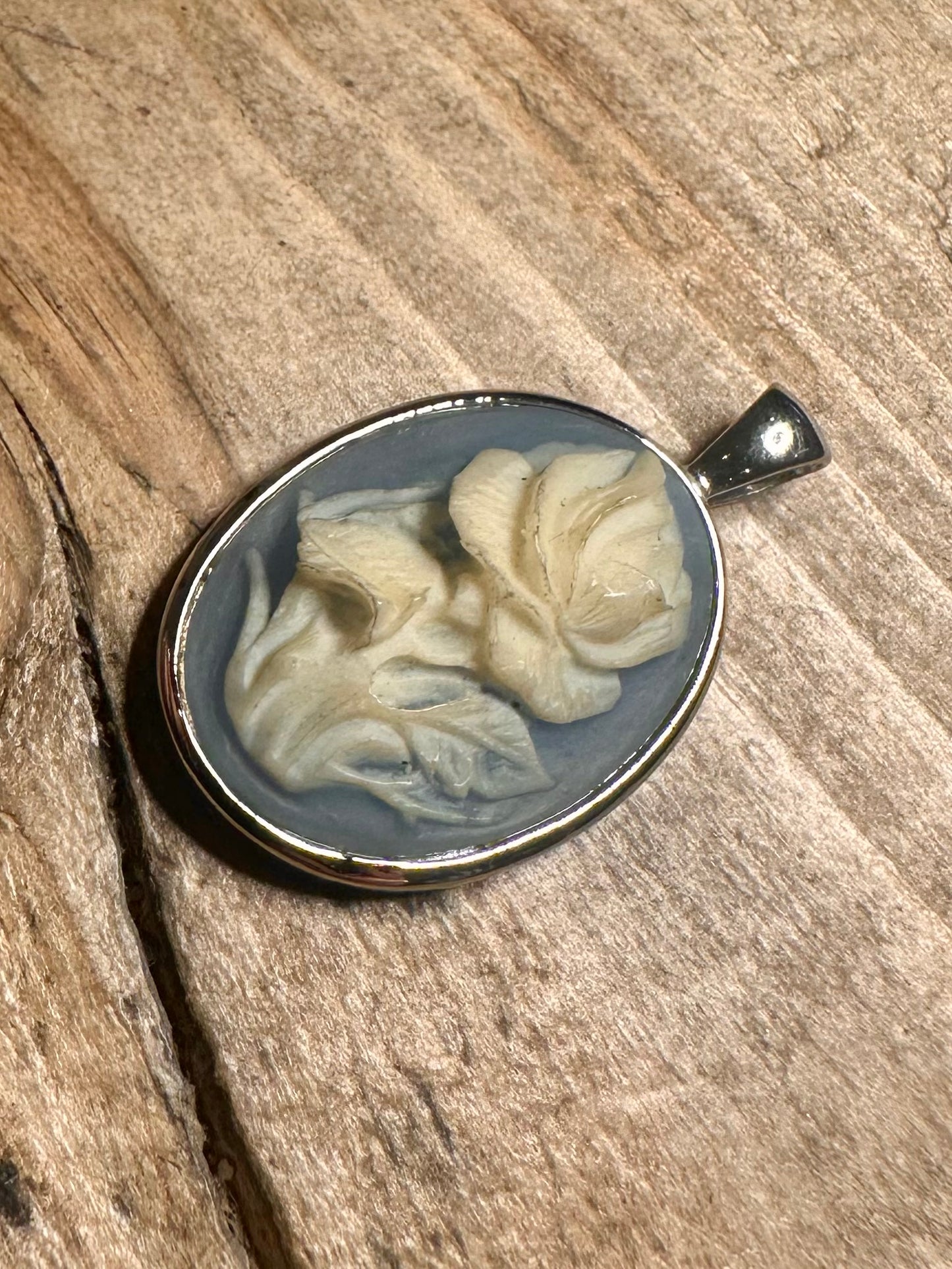 Vintage Cameo Rose Blue 925 Silver Pendant