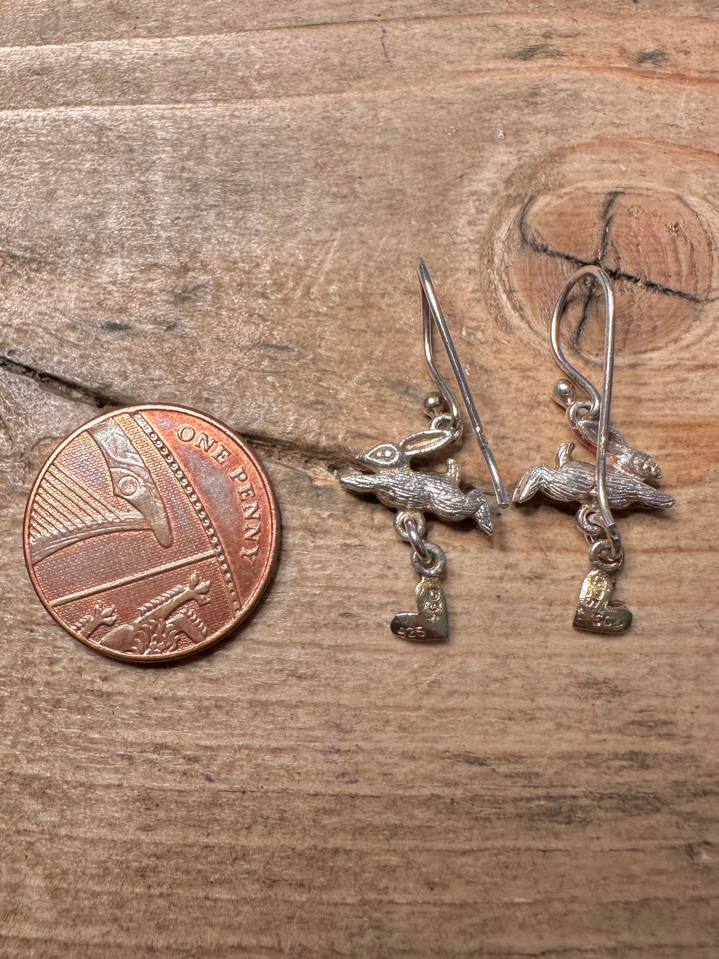 Vintage Rabbit and Gold Hearts 925 Silver Earrings
